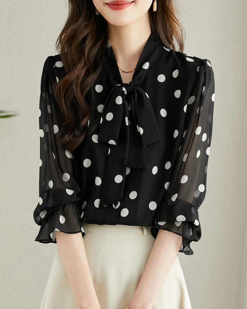 Elegant Polka Dot Silk Blouse with Ruffles - Women's Fashion Blouse for Office, Party & Special Occasions