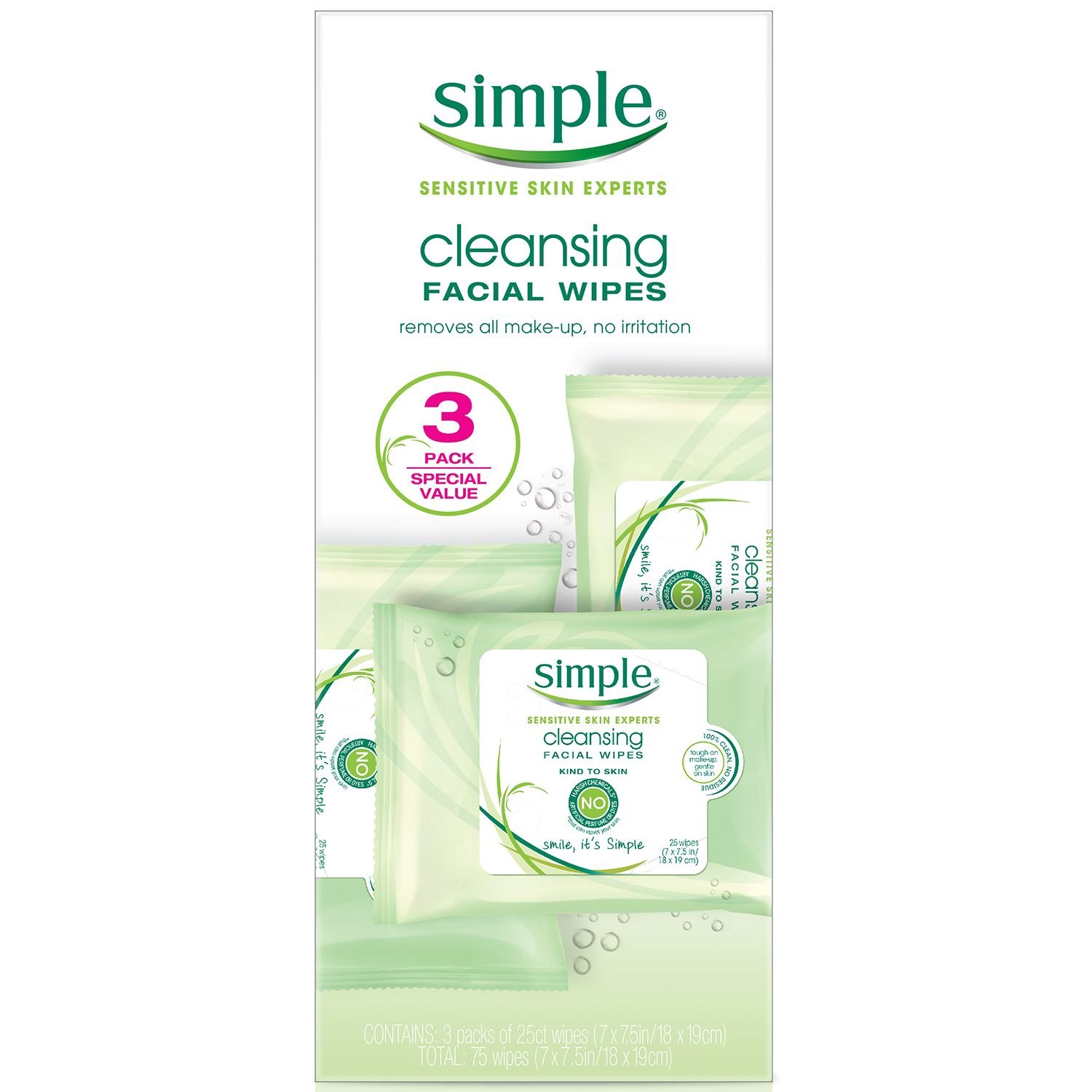 Simple Skincare Facial Cleansing Wipes - 25 Count (Pack of 3) | Gentle Makeup Remover & Daily Face Cleanser for Travel, Gym & On-The-Go