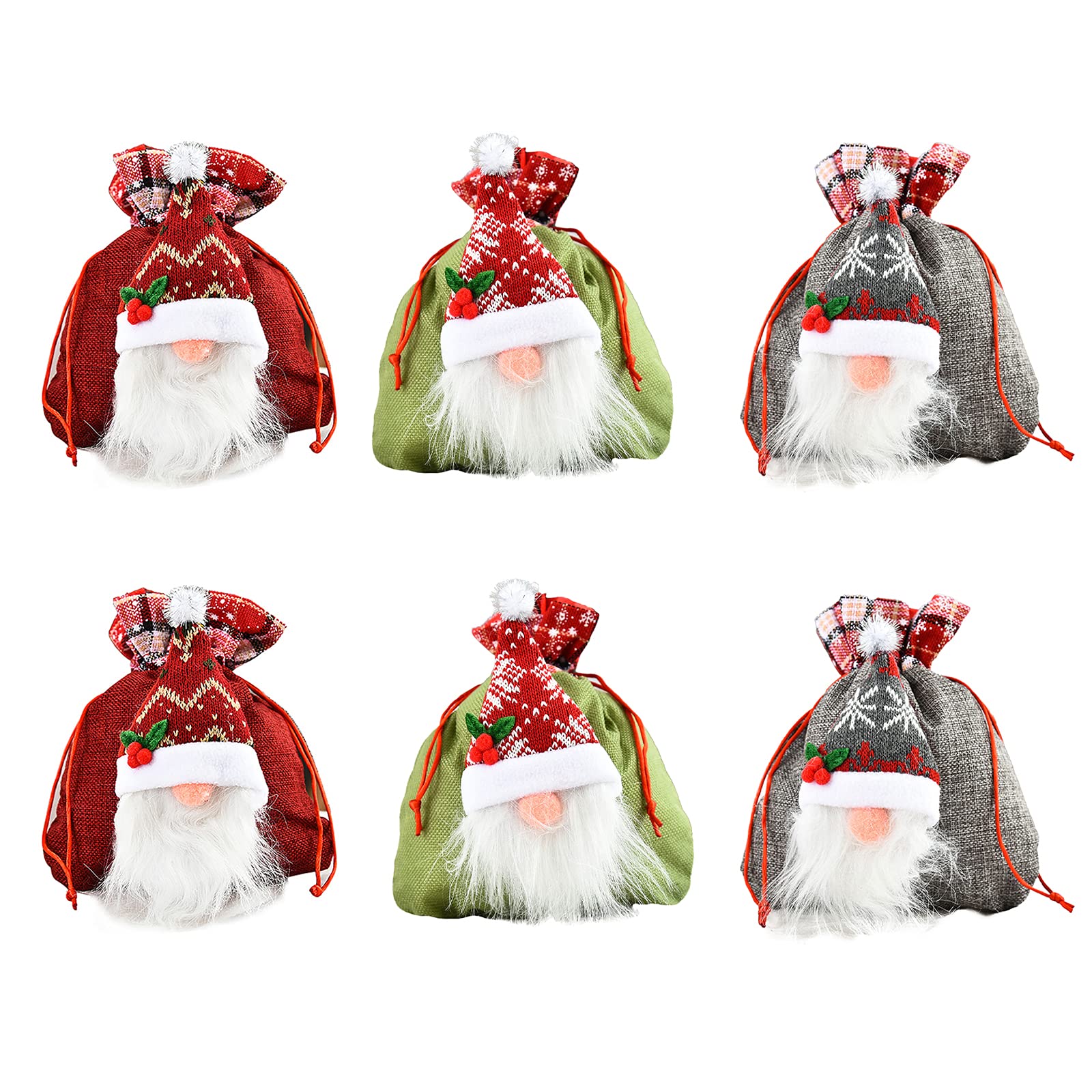 6 Pack Christmas Candy Bags - Burlap Drawstring Gift Bags with 3D Faceless Doll Design for Holiday Treats & Party Favors (Green, Red, Gray) - Perfect for Christmas Parties, Stocking Stuffers & Gift Exchanges