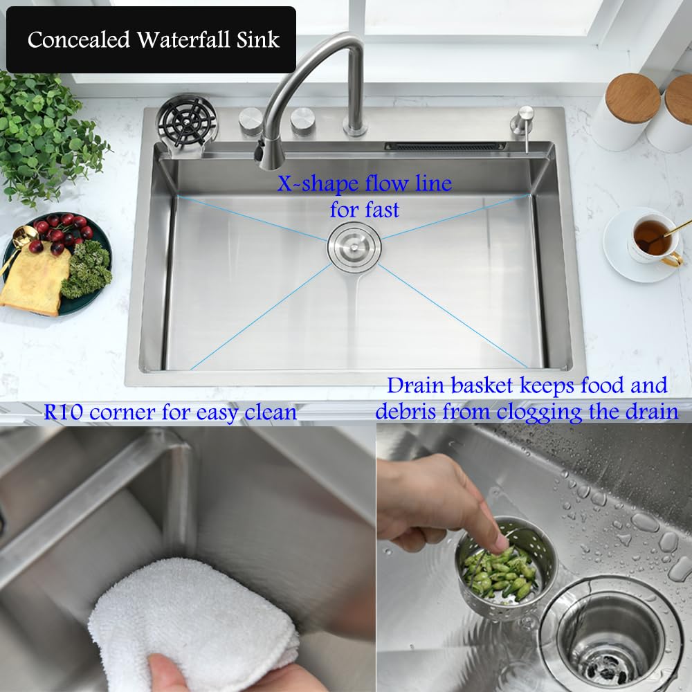33 Inch Drop-In Waterfall Kitchen Sink with Faucet Combo - Bokaiya 33x22 Stainless Steel Single Bowl Sink, 16 Gauge, Includes Cutting Board & Workstation - Perfect for Modern Kitchens, Food Prep & Entertaining
