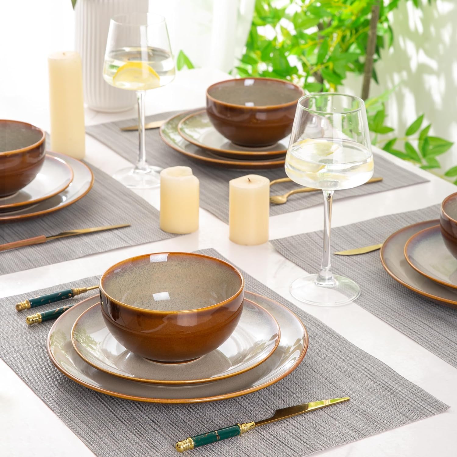 LeRatio 18-Piece Ceramic Dinnerware Set for 6 - Handmade Reactive Glaze Plates & Bowls, Chip & Scratch Resistant | Oven, Dishwasher & Microwave Safe - Perfect for Family Dinners, Entertaining Guests & Everyday Use (Khaki)