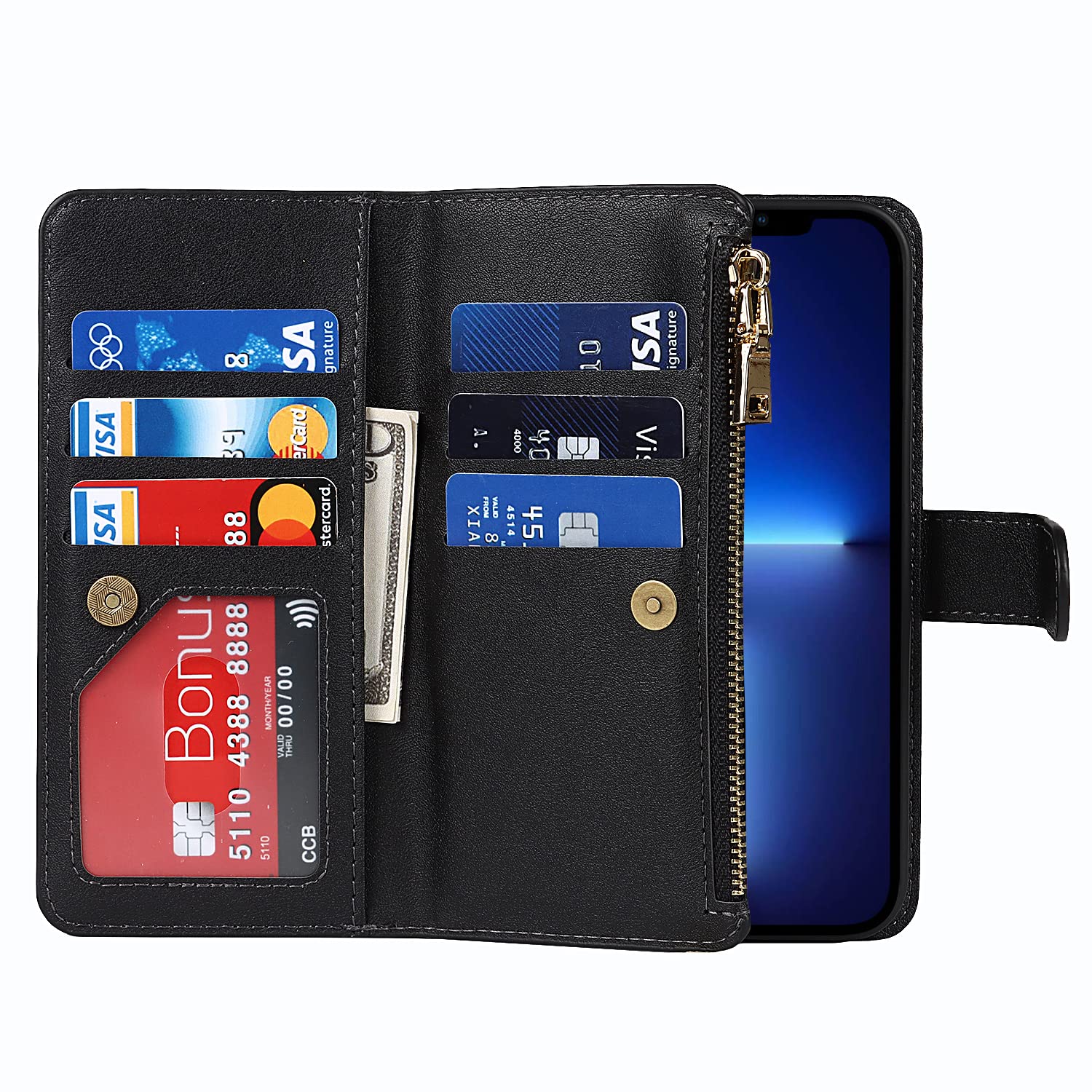 Premium Leather Wallet Phone Case for iPhone 13 Pro Max - 9 Card Slots, Zipper Coin Pocket & 2 Cash Slots with Kickstand & Lanyard (Black) | Perfect for Everyday Use, Travel & Hands-Free Convenience