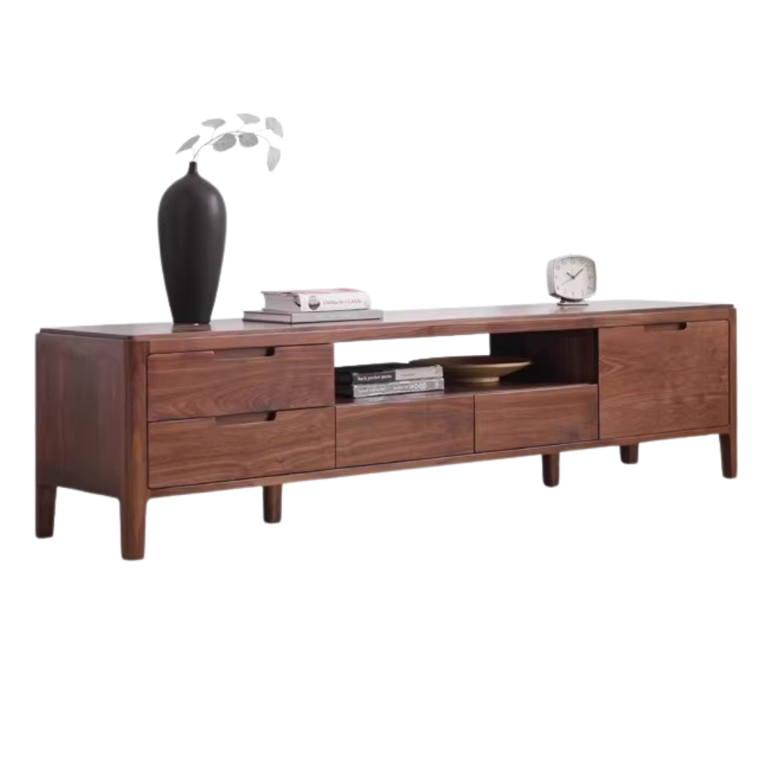 Premium Black Walnut Solid Wood TV Stand - Large Storage Entertainment Center for Living Room, Home Theater & Media Organization