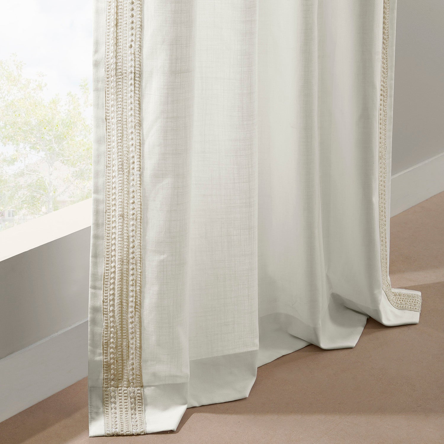 Ridge Lattice White Bordered Modern Hampton Textured Cotton Light Filtering Curtains - Elegant Window Treatment for Living Room, Bedroom & Office