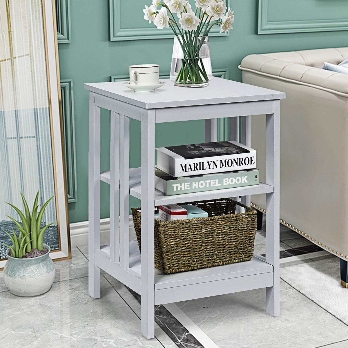Giantex 3-Tier Nightstand Set of 2 - Modern Bedside Table with Storage Shelves & Reinforced Metal Frame - Sturdy Wooden End Table for Bedroom, Living Room - Easy Assembly, Gray - Perfect for Small Spaces & Apartment Living