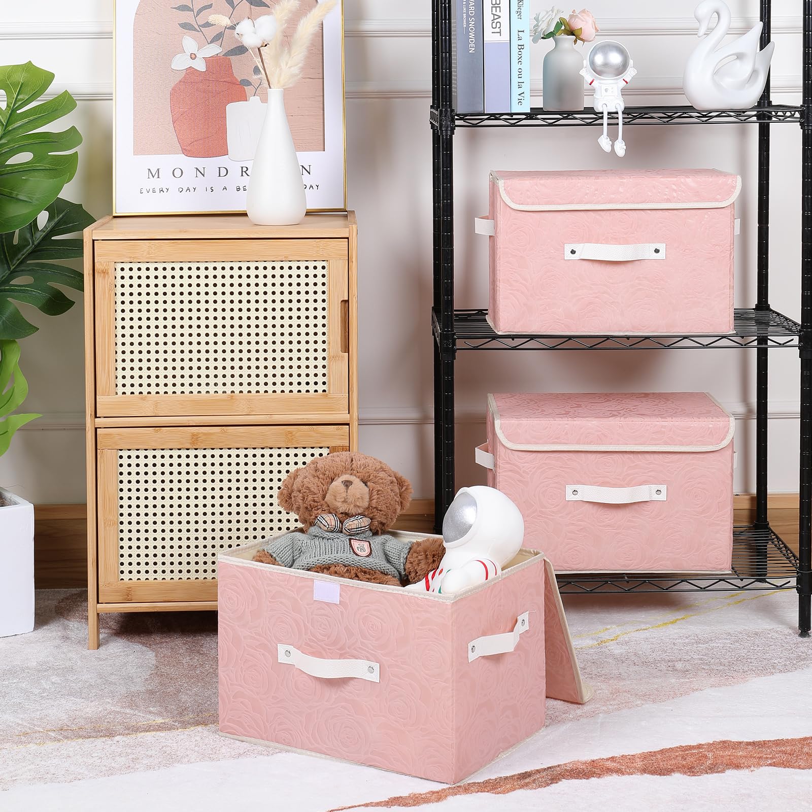Lucky Monet Cute Storage Bin Boxes with Lids - Washable Decorative Fabric Storage Baskets, Collapsible PU Leather Handle Box Cubes for Shelf Closet Organizer (3-Pack, Pink, Large) - Perfect for Bedroom, Nursery & Home Organization