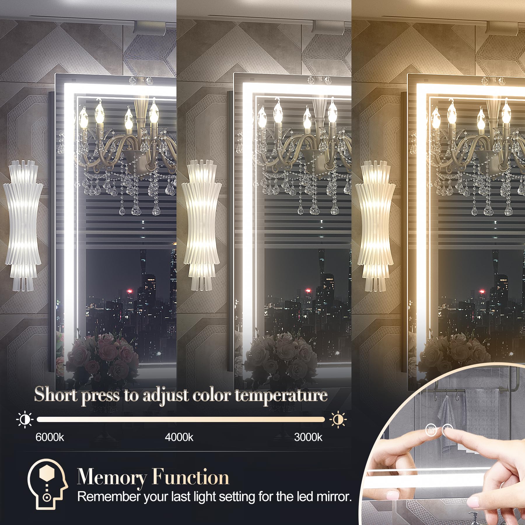 OKPAL 60x36 Inch LED Bathroom Mirror with Anti-Fog & Dimmable Lights - Shatterproof Vanity Mirror for Makeup & Shaving - ETL Certified Horizontal/Vertical Mount - Perfect for Modern Bathrooms & Dressing Areas