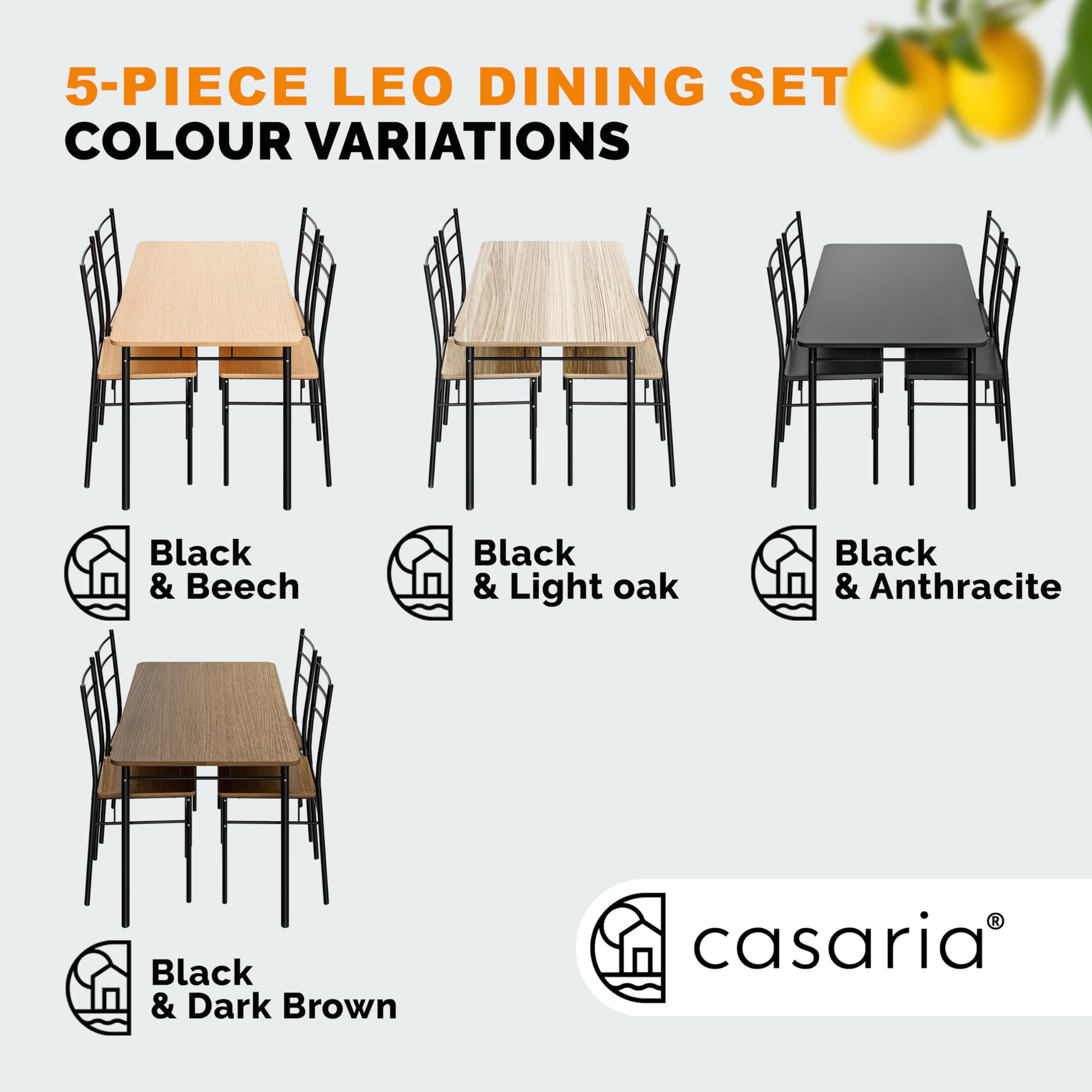 CASARIA® Leo 5-Piece Dining Set - Modern Industrial Style Table & 4 Chairs | 43
