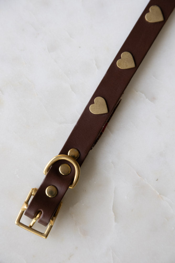 Premium Brown Leather Dog Collar with Heart Decor - Adjustable Sizes (XS-XL) for Small to Large Dogs | Perfect for Walks, Training & Fashion Accessories
