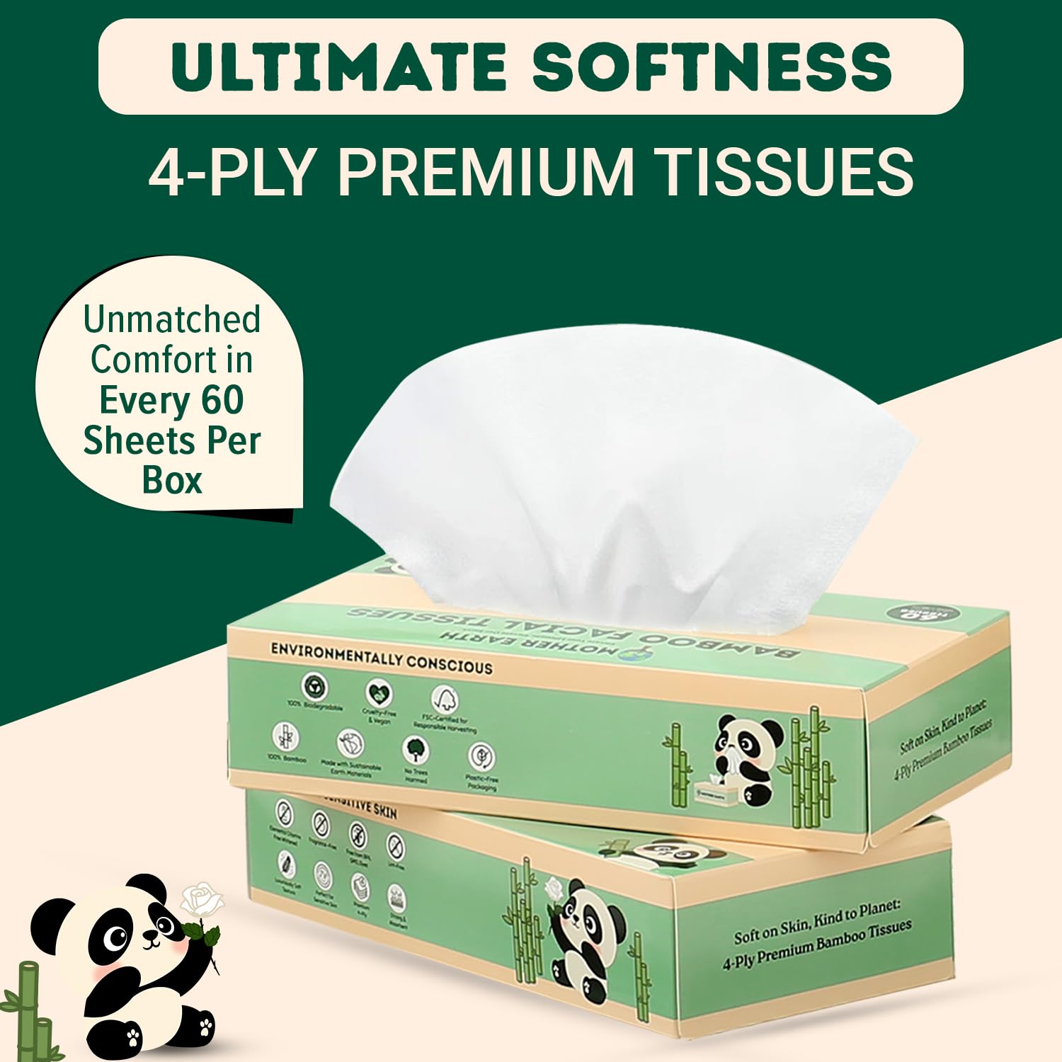 **Eco-Friendly Bamboo Facial Tissues - 4-Ply, Hypoallergenic & Lint-Free, Septic-Safe, Unscented (60 Sheets/Box, 6-Pack, 360 Tissues Total) - Perfect for Home, Office & Travel**