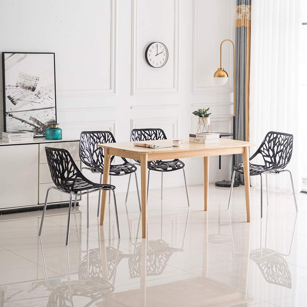 VINGLI Set of 4 Modern Stackable Dining Chairs - Black Birch Wood Accent Chairs for Kitchen, Dining Room & Office - Easy Assembly Home Furniture