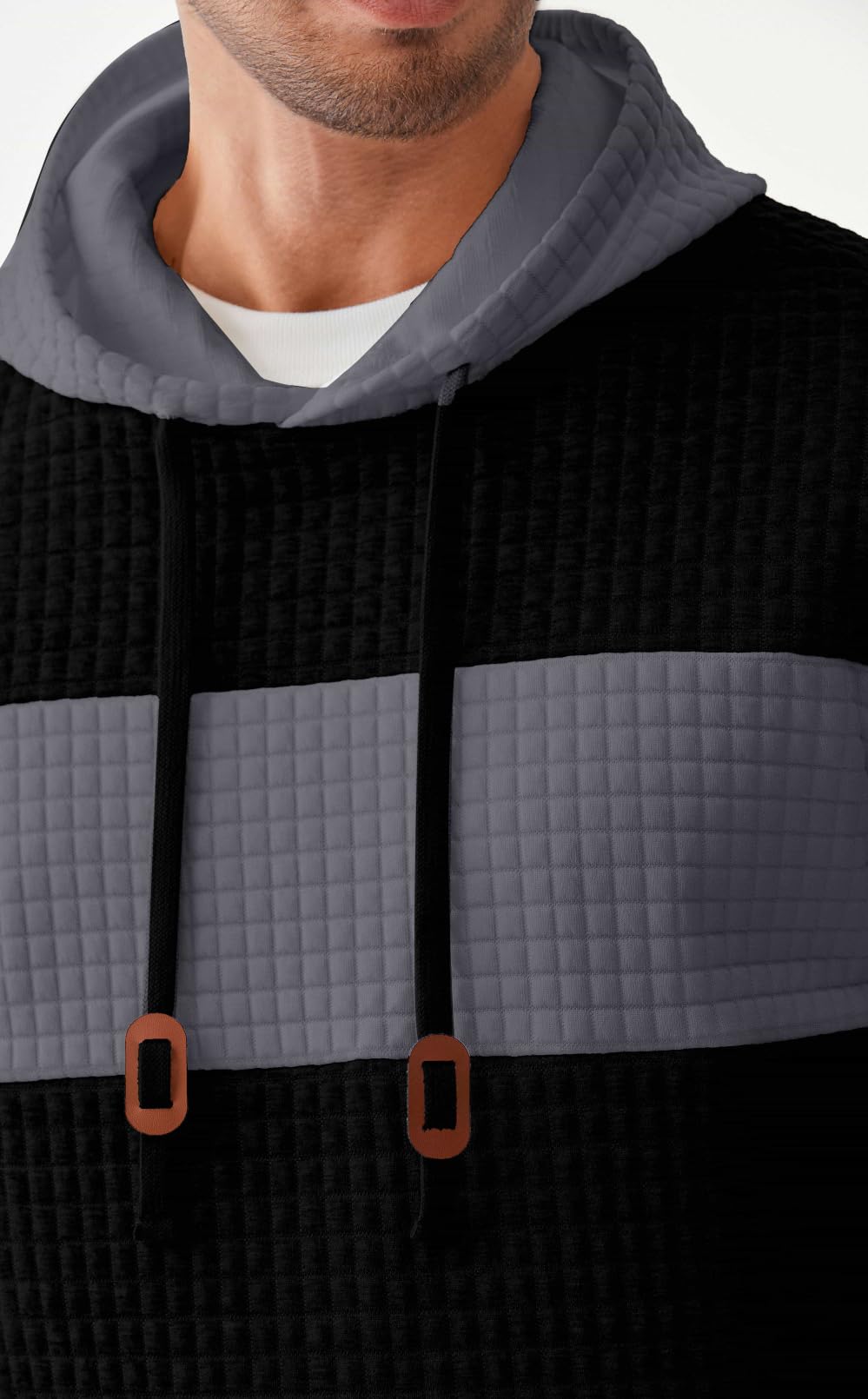 Men's Casual Hooded Waffle Knit Sweatshirt with Drawstring & Pockets | Color Block Long Sleeve Pullover for Streetwear & Loungewear