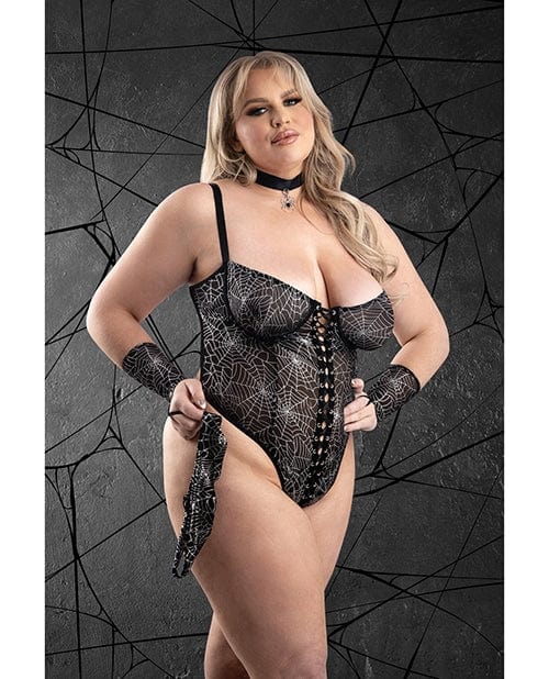 Play Into My Web Lace Up Teddy 4 Piece Set - Black 1X/2X Size - Sexy Lingerie for Women, Perfect for Valentine's Day, Anniversary or Romantic Nights