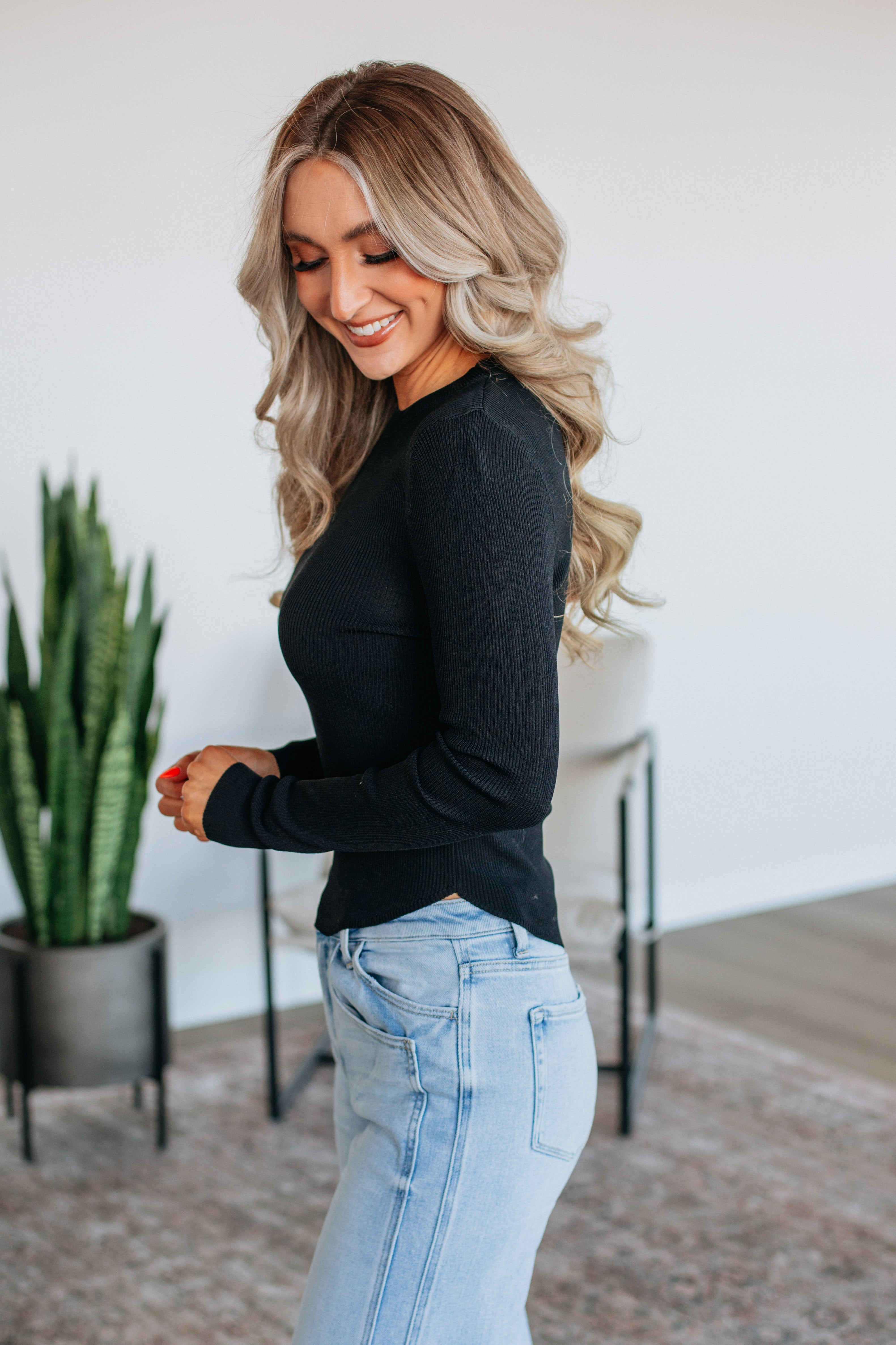 Iria Ribbed Top for Women - Stretchy Soft Black Knit Shirt - Casual & Layering Essential for Everyday Wear