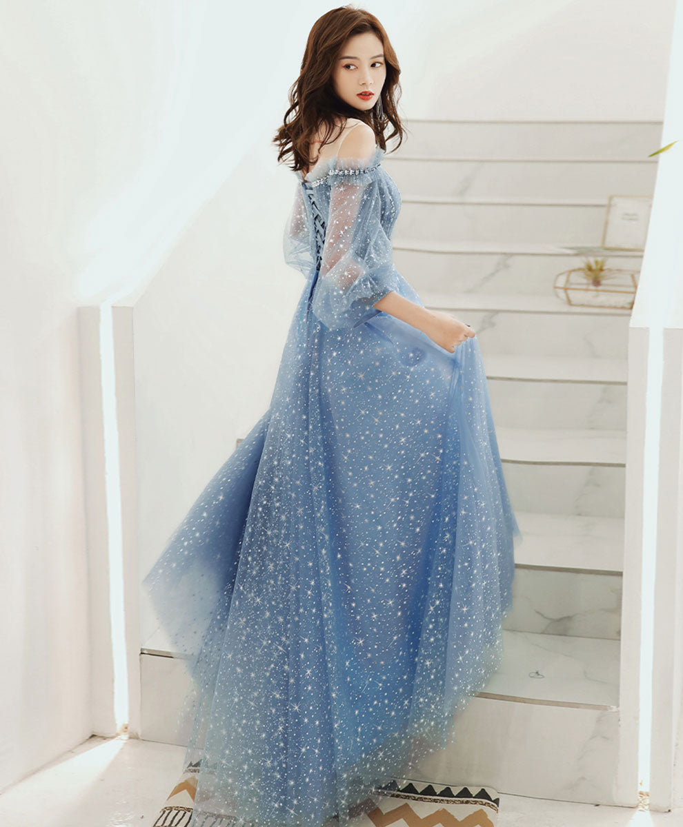 Elegant Blue Round Neck Tulle Sequin Long Prom Dress for Evening Gala & Formal Events | Perfect for Homecoming, Wedding Guest & Special Occasions
