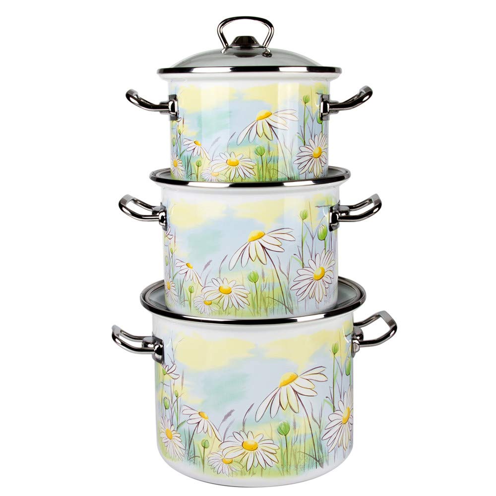 Daisy Fields Enameled Steel Stock Pot Set - 3-Piece Kitchen Cookware for Soup, Stew & Pasta | Stovetop & Oven Safe Cooking Pots