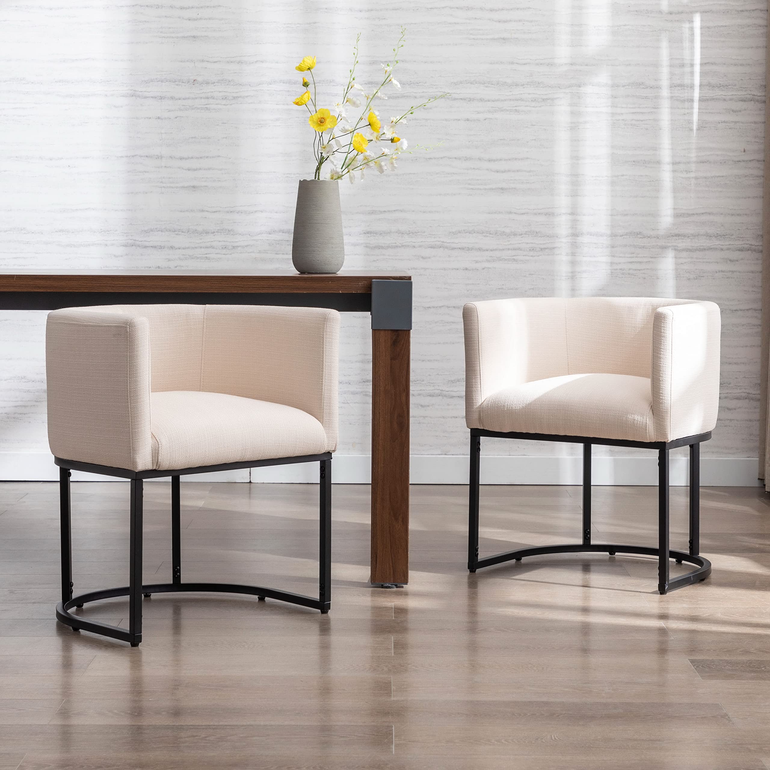 Mid Century Modern Dining Chairs - Linen Upholstered Armchairs with Wooden Back & Black Legs - Accent Side Chairs for Kitchen, Living Room & Dining Room - Cream Fabric - Perfect for Entertaining & Home Decor