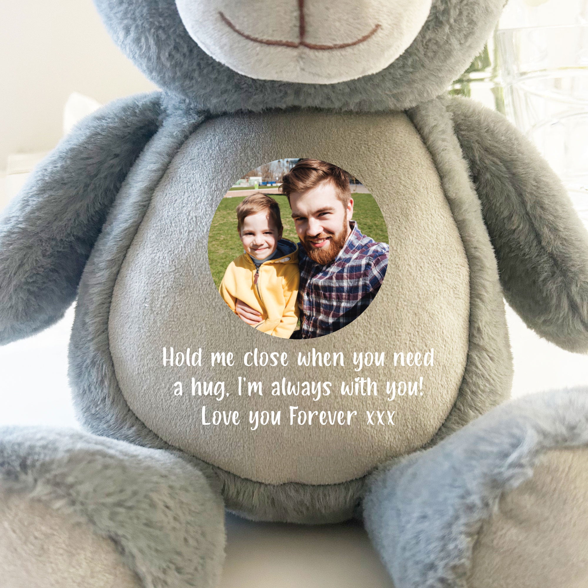 Personalized Voice Recording Teddy Bear with Photo Insert - Grey Plush Keepsake Gift for Baby, Anniversary & Memorial Occasions
