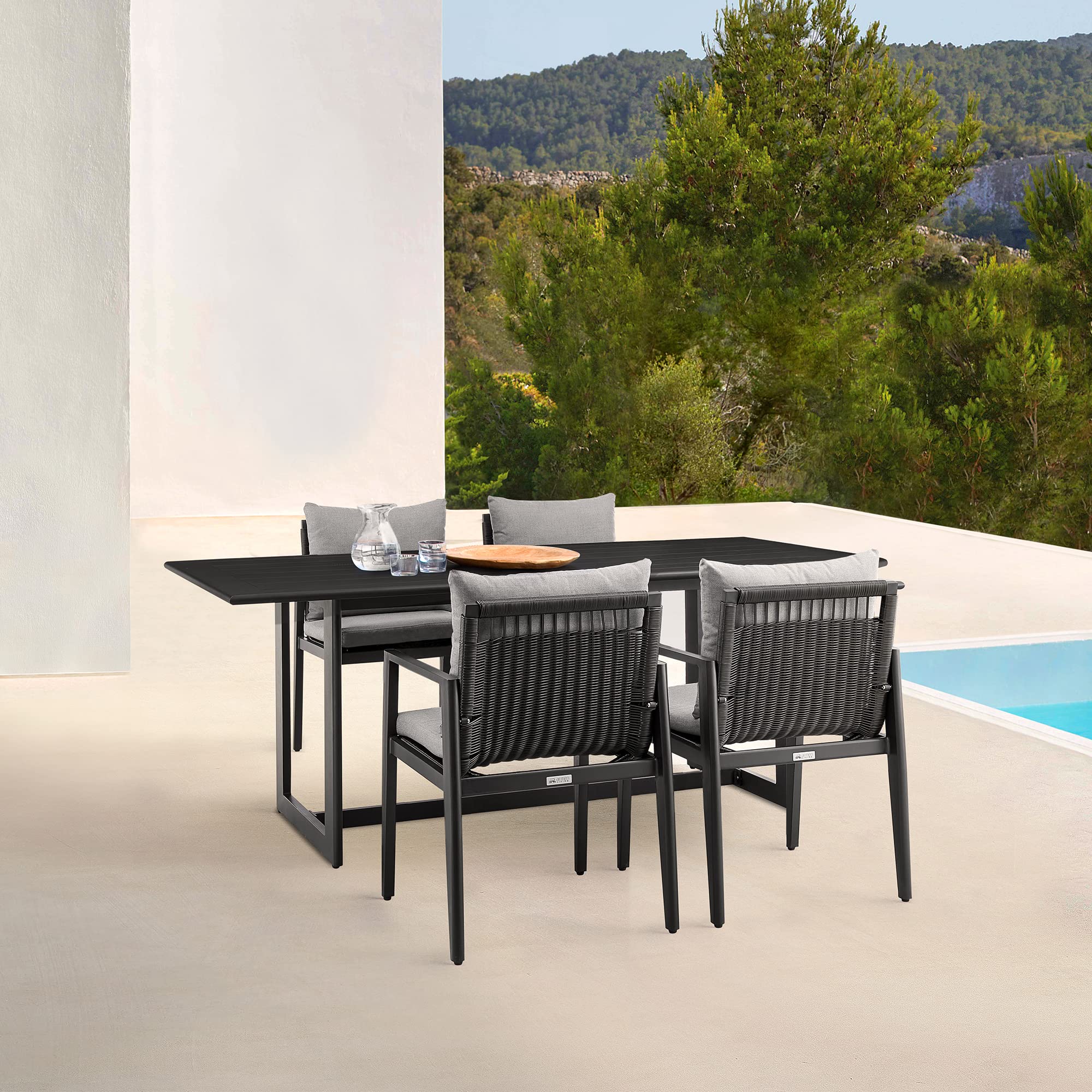Armen Living Cayman Outdoor Patio Dining Chairs with Arms - Aluminum Frame & Cushions, Set of 2, Dark Grey - Perfect for Poolside, Garden, and Backyard Relaxation