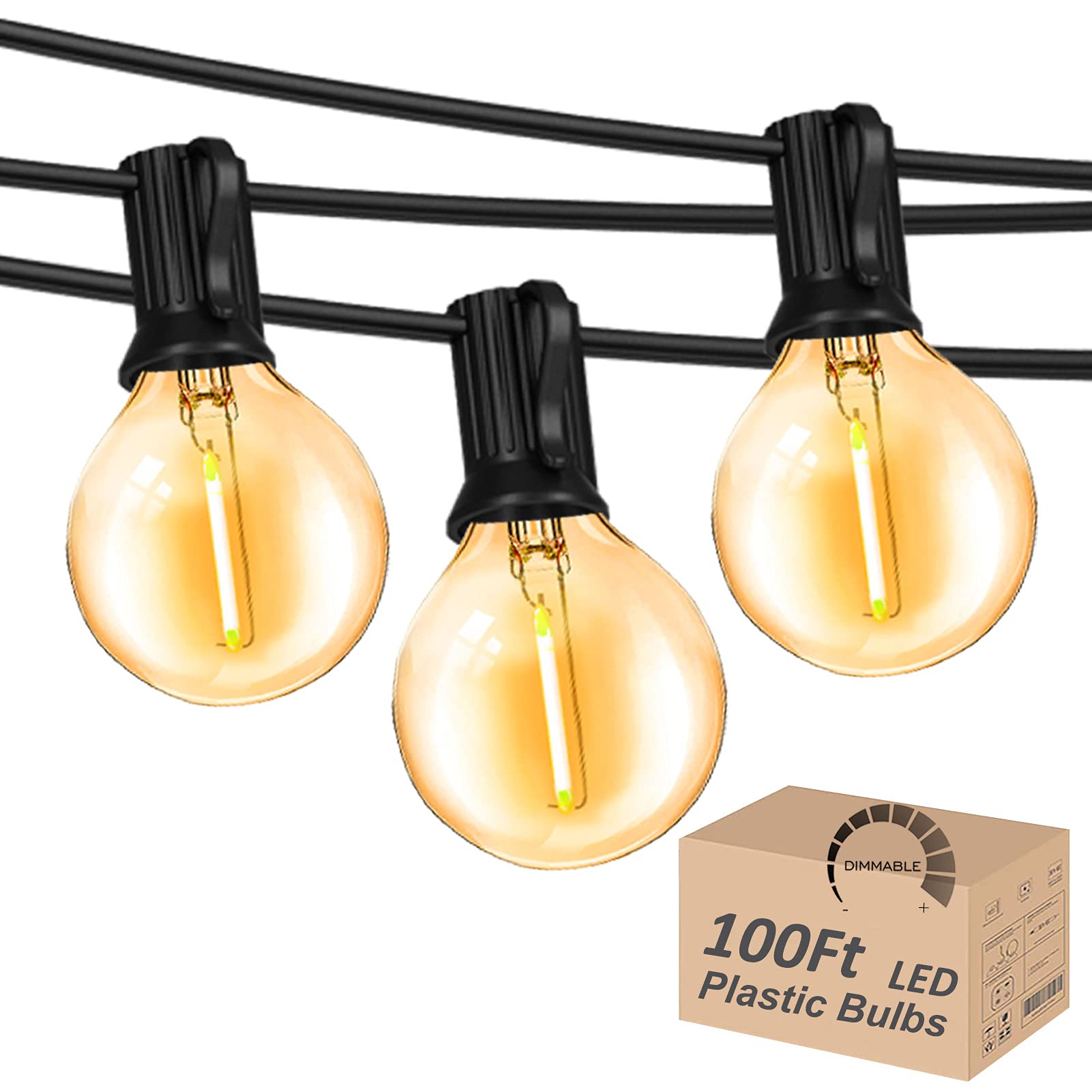 DAMAING 100FT Outdoor String Lights with 52 Dimmable G40 Shatterproof LED Bulbs - Waterproof Connectable Patio Lights for Backyard, Garden, Wedding & Party Decor - 2700K Warm White Glow