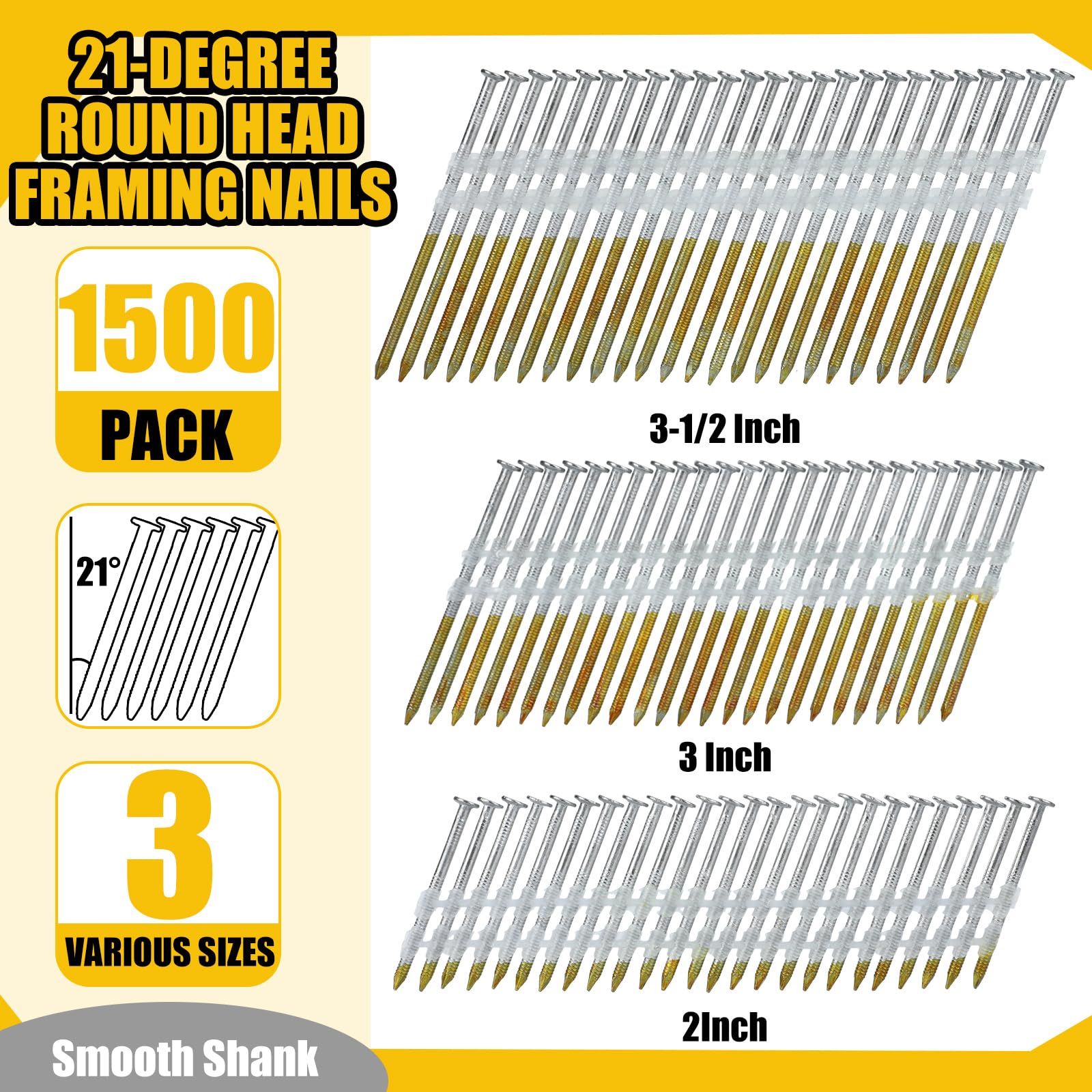 Therwen 1500-Count 21-Degree Galvanized Ring Shank Framing Nails - 2, 3, 3-1/2 Inch Flat D Head Nails for Pressure Treated Lumber - Plastic Row Fixed - Perfect for Roofing, Decking & Fencing Projects