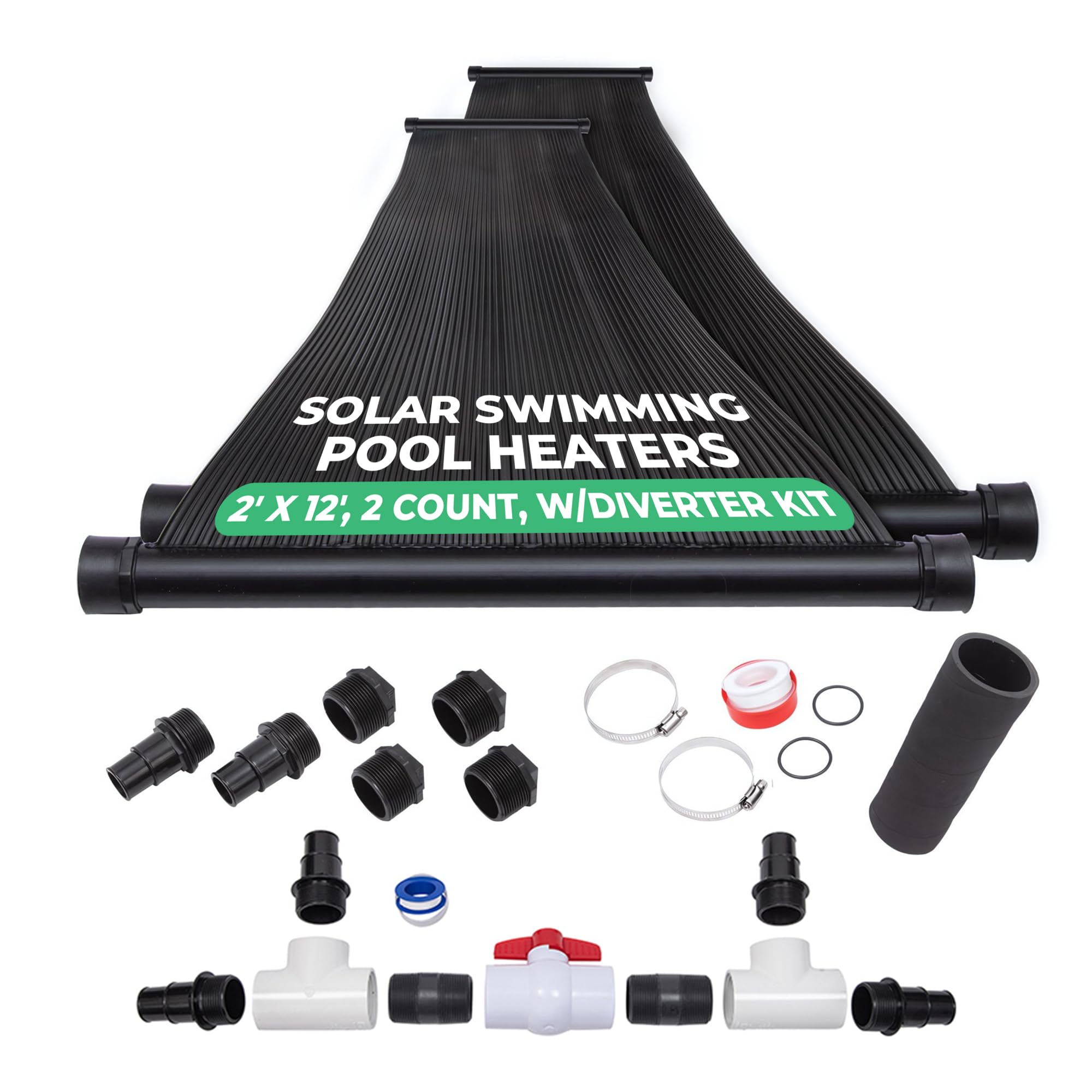 SunQuest Solar Pool Heater Panels - 2 Pack (2ft x 12ft) Solar Collectors with Diverter Kit - Efficient Solar Water Heater for Above Ground & Inground Pools - DIY Installation, UV-Resistant Polypropylene Panels - Perfect for Extending Swimming Season & Reducing Energy Costs