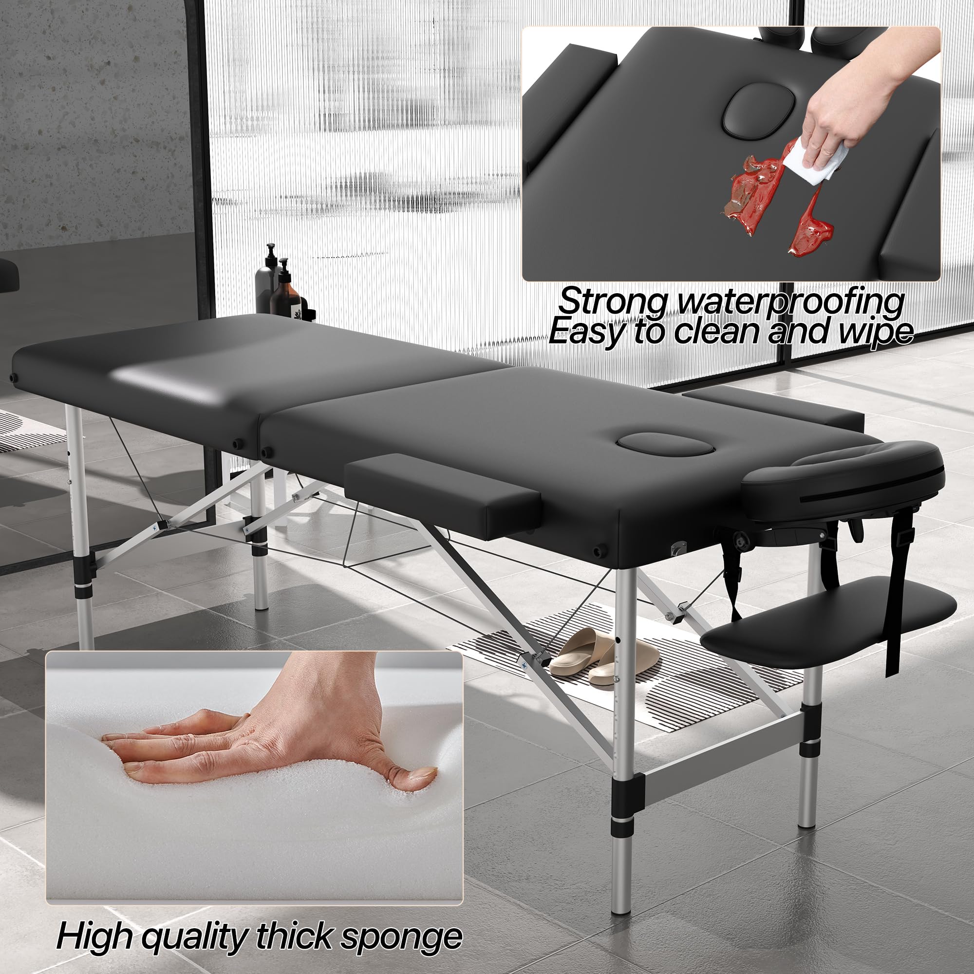 Portable 2-Section Foldable Massage Table - Adjustable Height Spa & Tattoo Bed with Face Cradle | Lightweight Aluminum Frame Salon Bed for Home, Facial & Lash Treatments | Perfect for Professional Therapists & Home Spa Use
