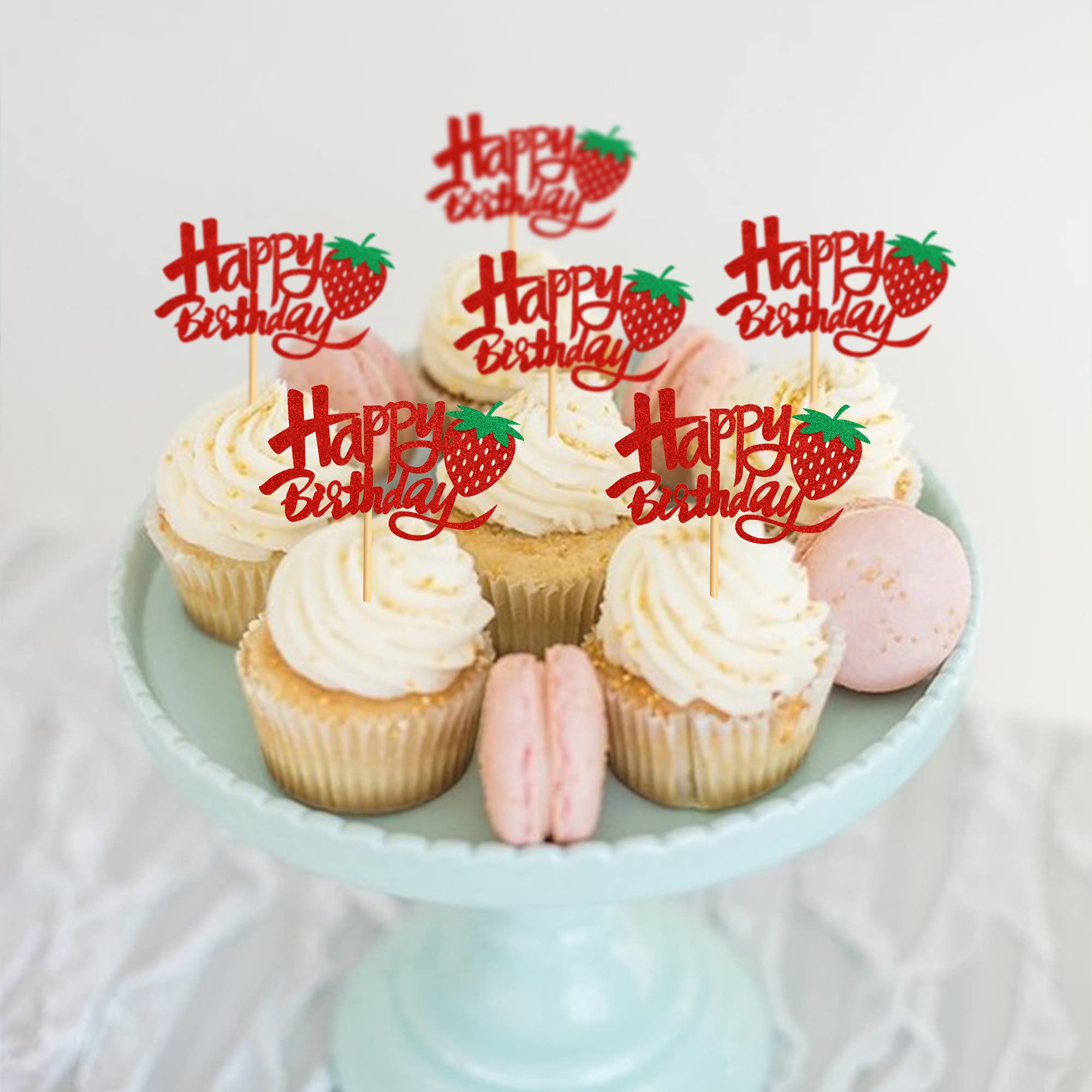 36 Pack Red Strawberry Happy Birthday Cupcake Toppers - Fun Party Decorations for Girls & Boys Birthday Celebrations - Perfect for Cupcakes, Cakes, and Dessert Table Decor