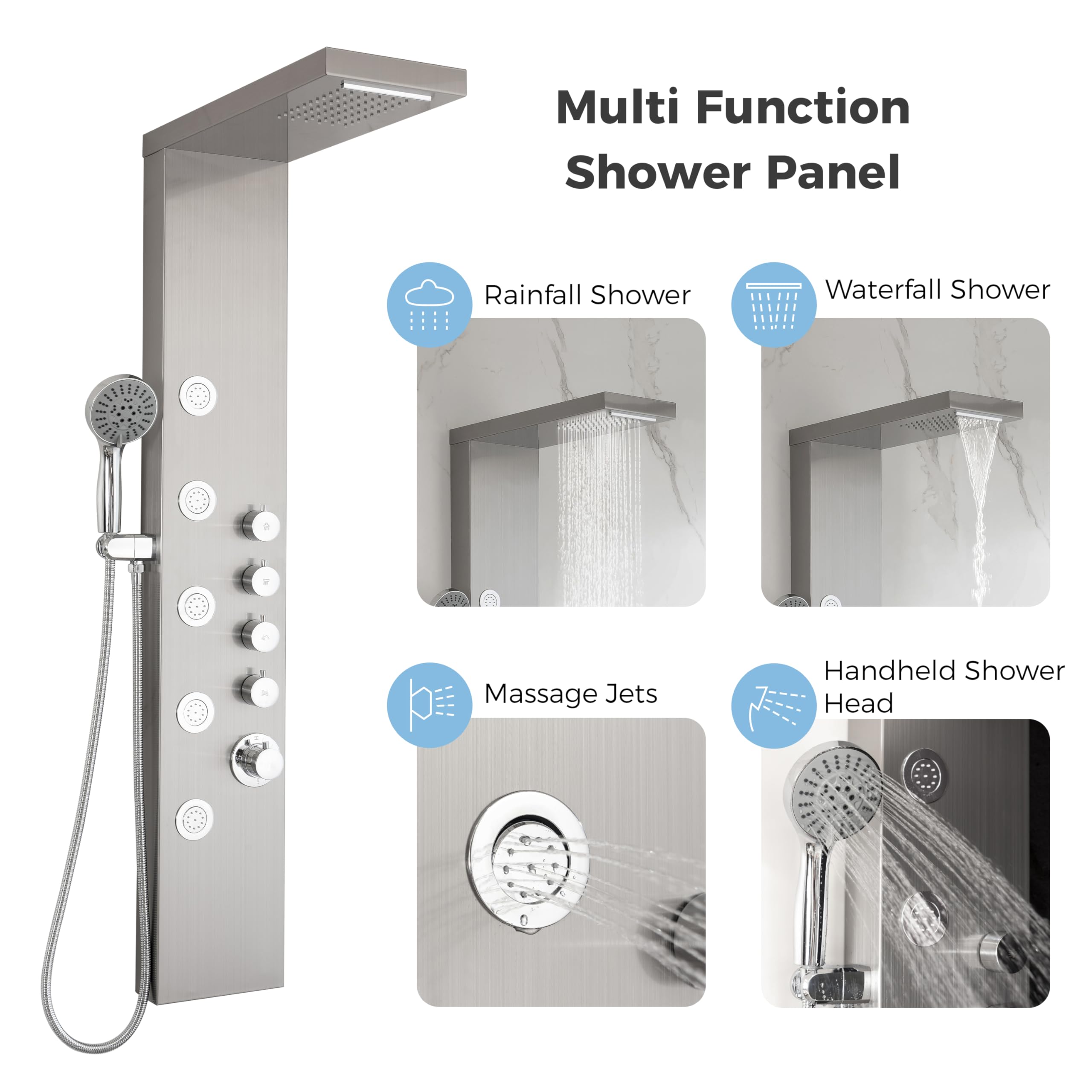 DELAVIN Stainless Steel Shower Panel Tower System - Multi-Function Rainfall Showerhead with Body Jets & Handheld Spray - Brushed Nickel Finish - Perfect for Luxury Bathroom Renovation & Spa-Like Shower Experience