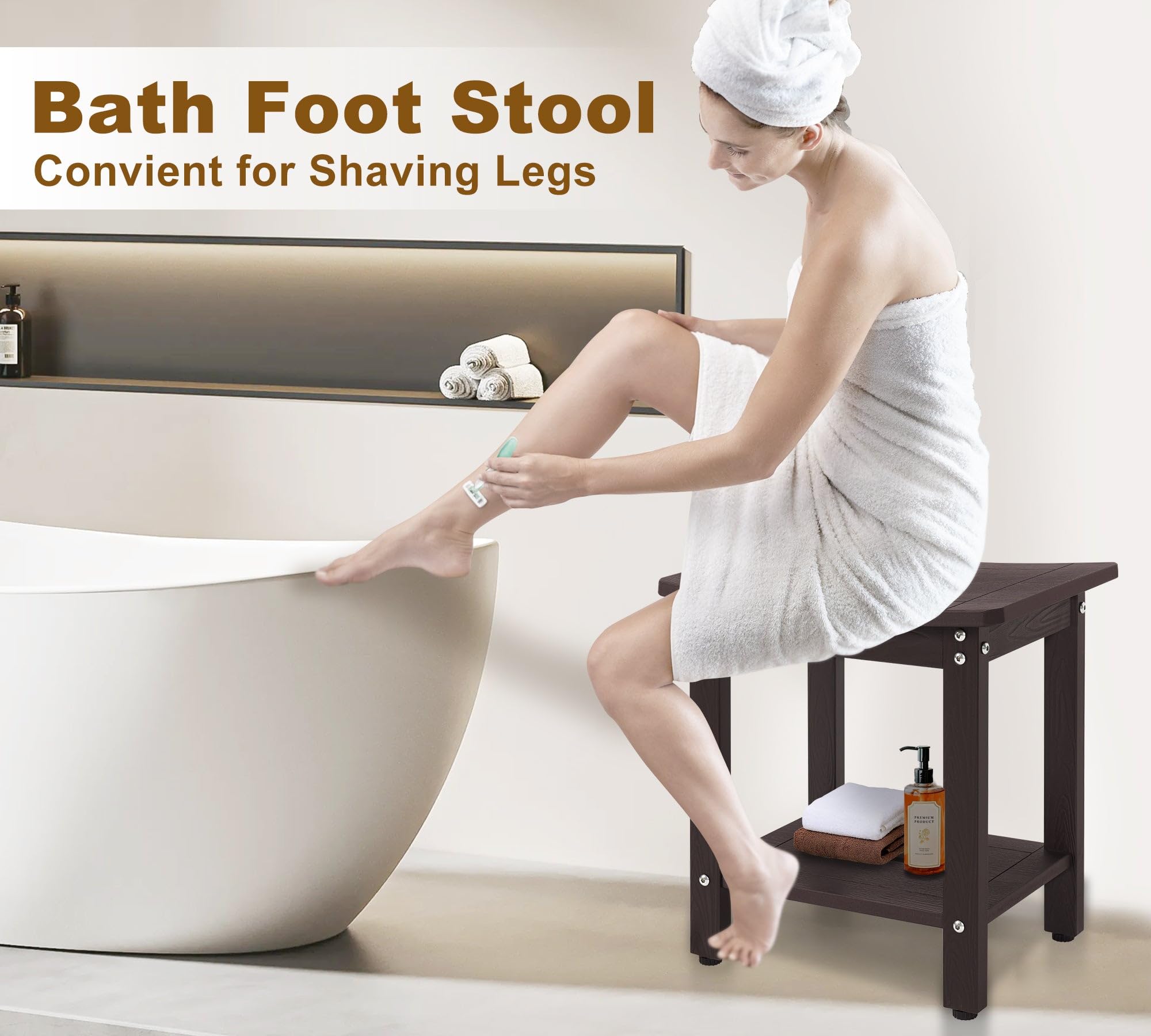 Y&M Shower Bench for Elderly & Disabled - Waterproof HDPE Shower Seat with Storage Shelf - Indoor & Outdoor Bathroom Shower Chair for Sitting & Resting - Espresso - Perfect for Seniors, Post-Surgery Recovery & Spa Relaxation