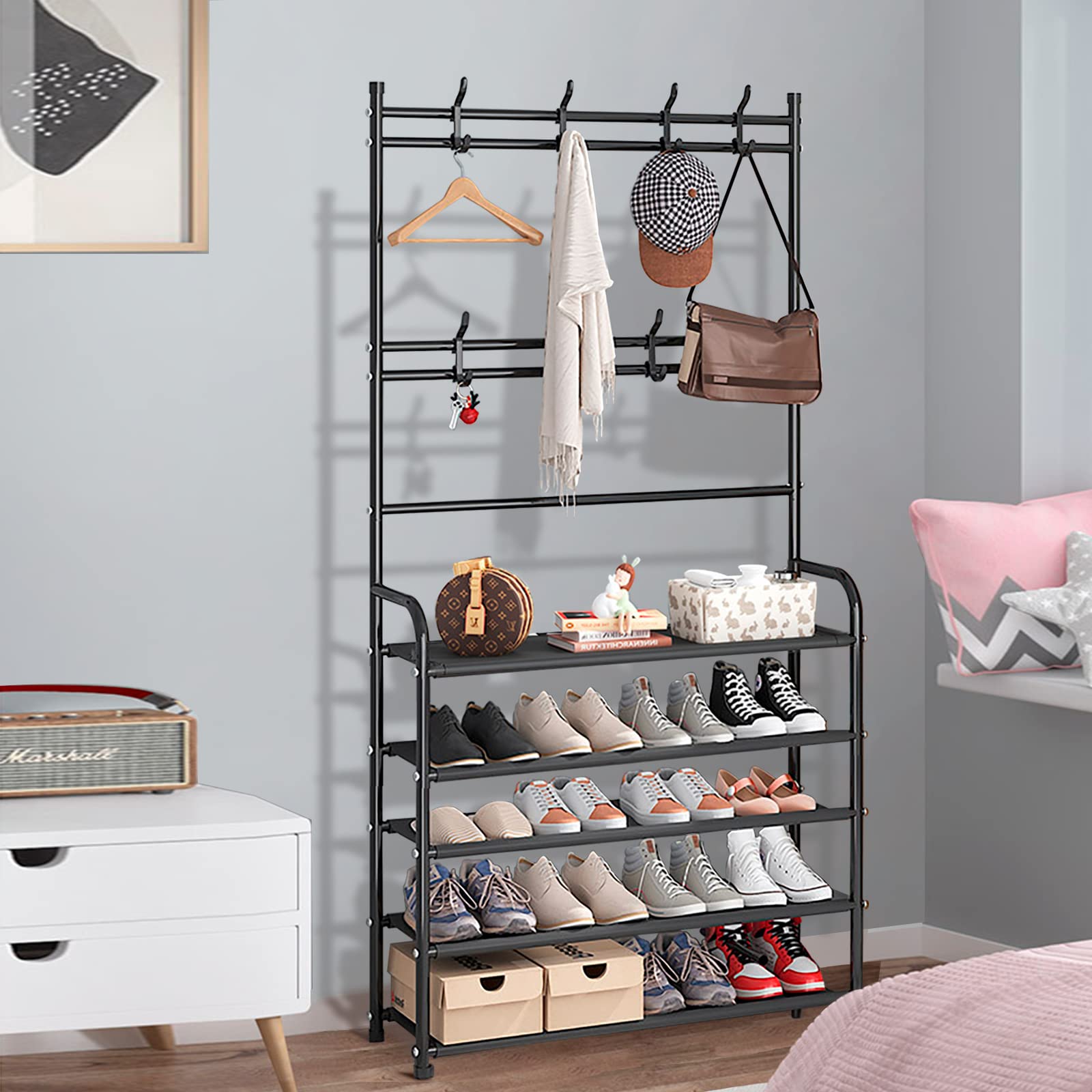 5-Tier Black Shoe Rack Stand Organizer - Space Saving Closet & Entryway Storage Solution for Sneakers, Boots & Sandals | Perfect for Home, Apartment & Dorm Organization