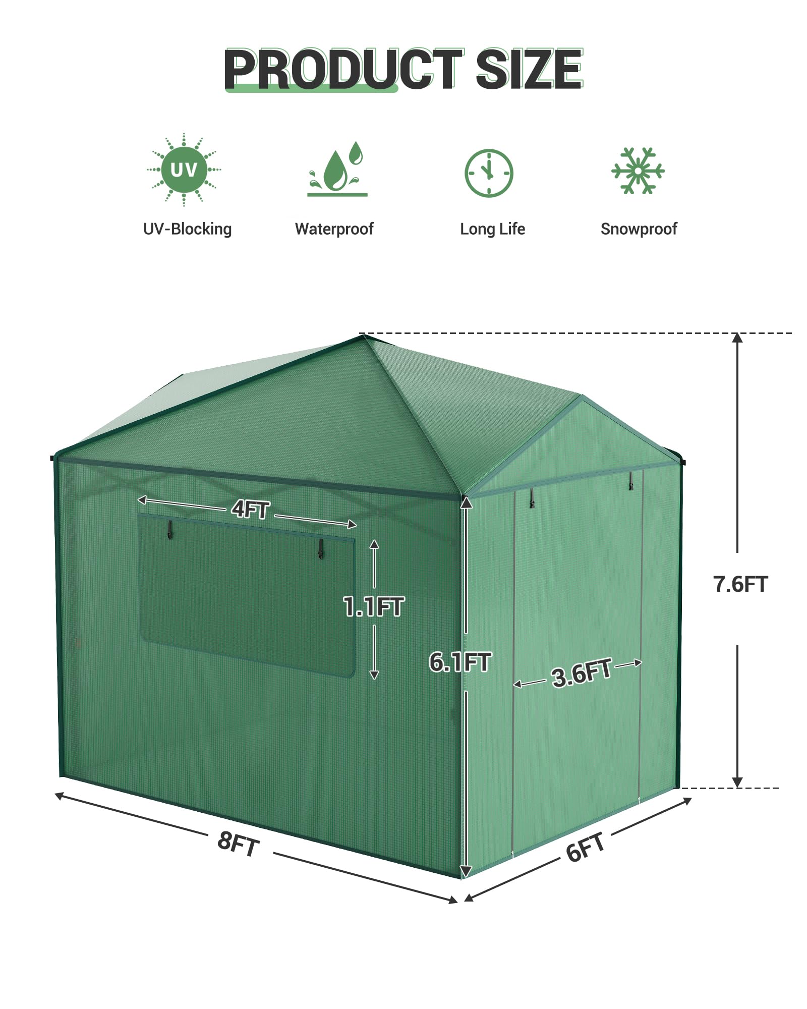 8x6 FT Pop Up Greenhouse - Portable Walk-in Indoor & Outdoor Greenhouse for Garden, Patio, Backyard | Zippered Doors & Window with PE Cover (96x72 inch) - Perfect for Seed Starting, Plant Protection & Year-Round Gardening