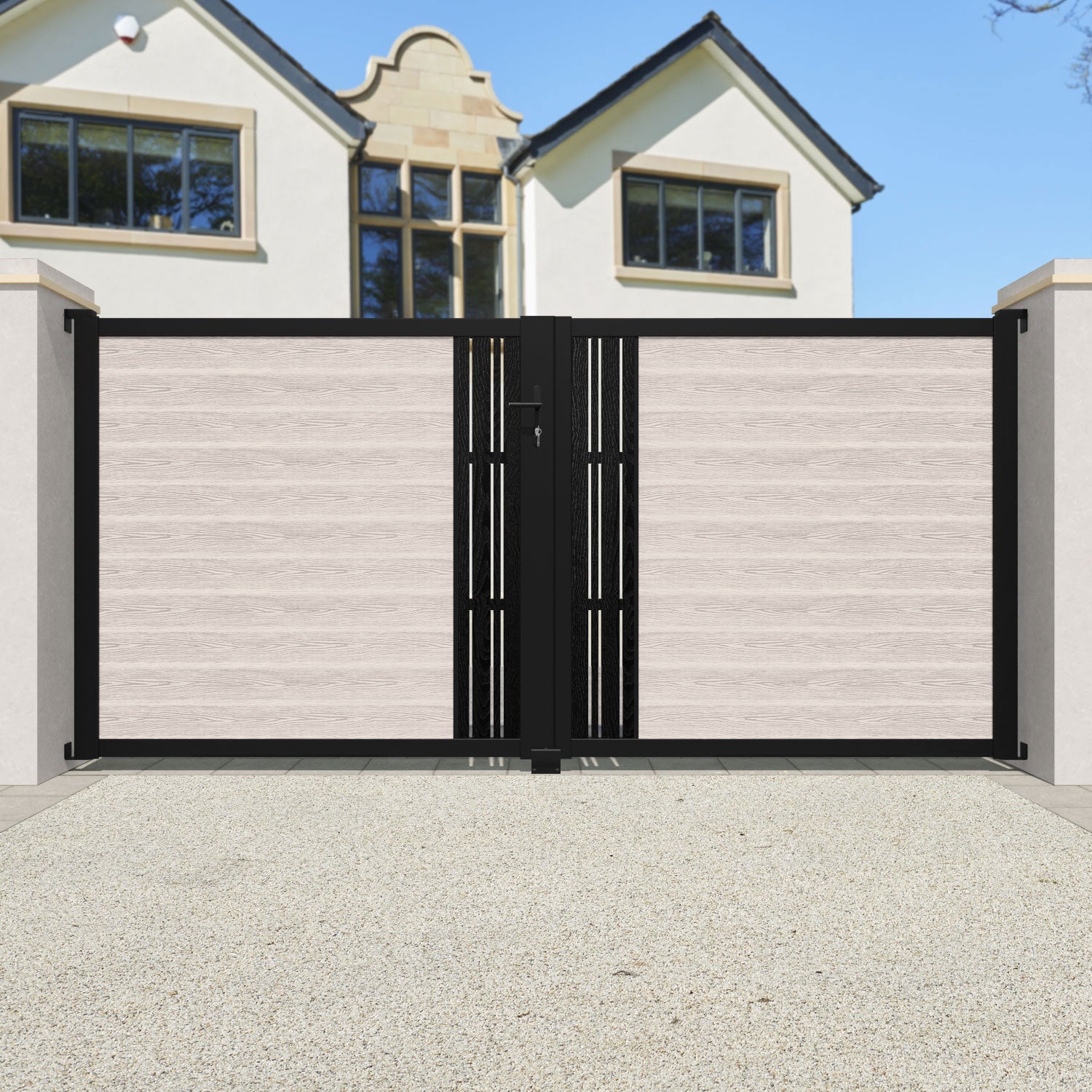 Classic Linea Straight Top Driveway Gate - Mid Stone Finish with Middle Screen - Perfect for Residential and Commercial Property Security