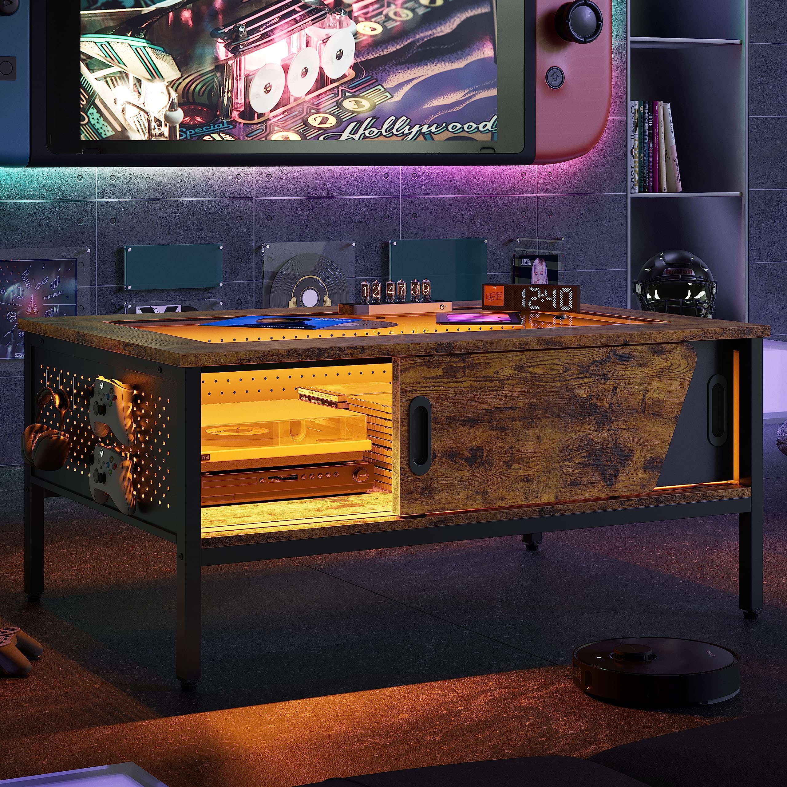 Bestier 42 Inch Rustic Brown LED Coffee Table with Storage & Sliding Glass Doors - Modern Living Room Center Table for Home Decor, Perfect for Small Spaces & Entertaining Guests