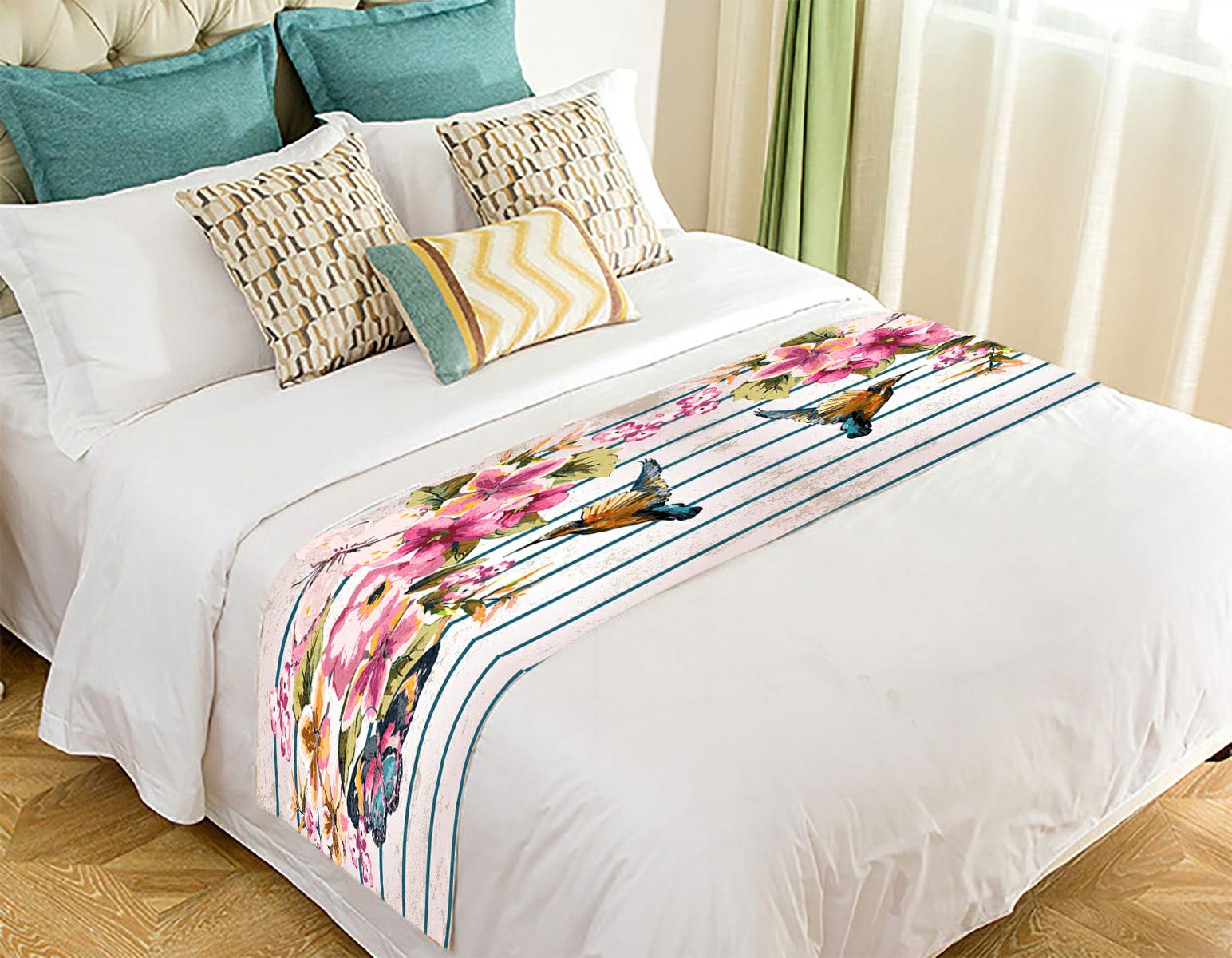 ECZJNT Stripe Bed Runner with Bird & Floral Design - 20x95 Inch Bed Scarf for Queen King Beds - Elegant Bed Decor for Master Bedroom, Guest Room & Hotel Styling