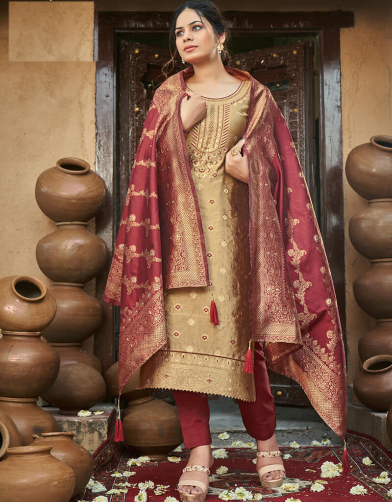 Banarasi Jacquard Chiku Salwar Kameez Suit with Pant Bottom - Elegant Indian Ethnic Wear for Women, Perfect for Weddings, Festivals & Special Occasions