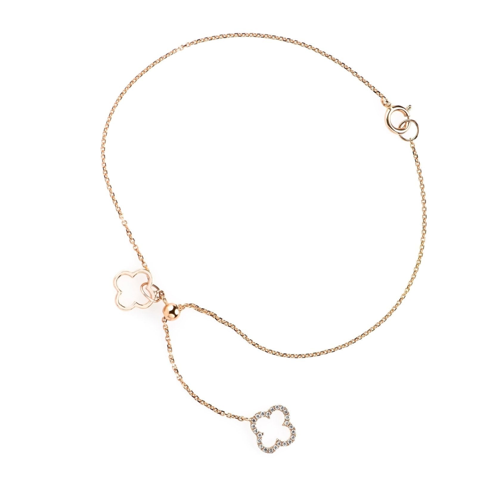 14K Rose Gold Diamond Clover Lariat Bolo Bracelet - Elegant Adjustable Chain for Women, Perfect for Weddings, Parties & Everyday Wear