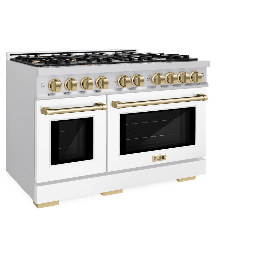 ZLINE Autograph Edition 48-Inch 6.7 cu. ft. Select Double Oven Gas Range with 8 Burner Cooktop - Stainless Steel with White Matte Doors & Champagne Bronze Accents (HGRZ WM 48 CB) - Perfect for Large Kitchens & Professional Cooking