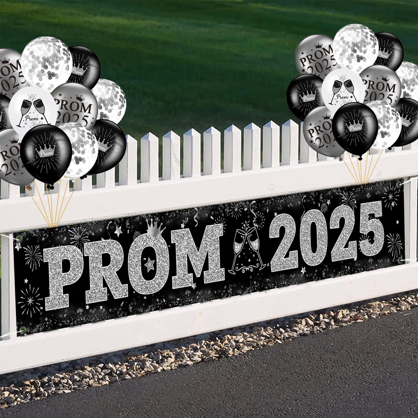 2025 Graduation Prom Banner Decorations - Black & Silver Yard Sign with Balloons (9.8x1.6 ft) for Prom Party, Send Off & Outdoor Decor | Perfect for High School Graduation Celebrations & Photo Backdrops