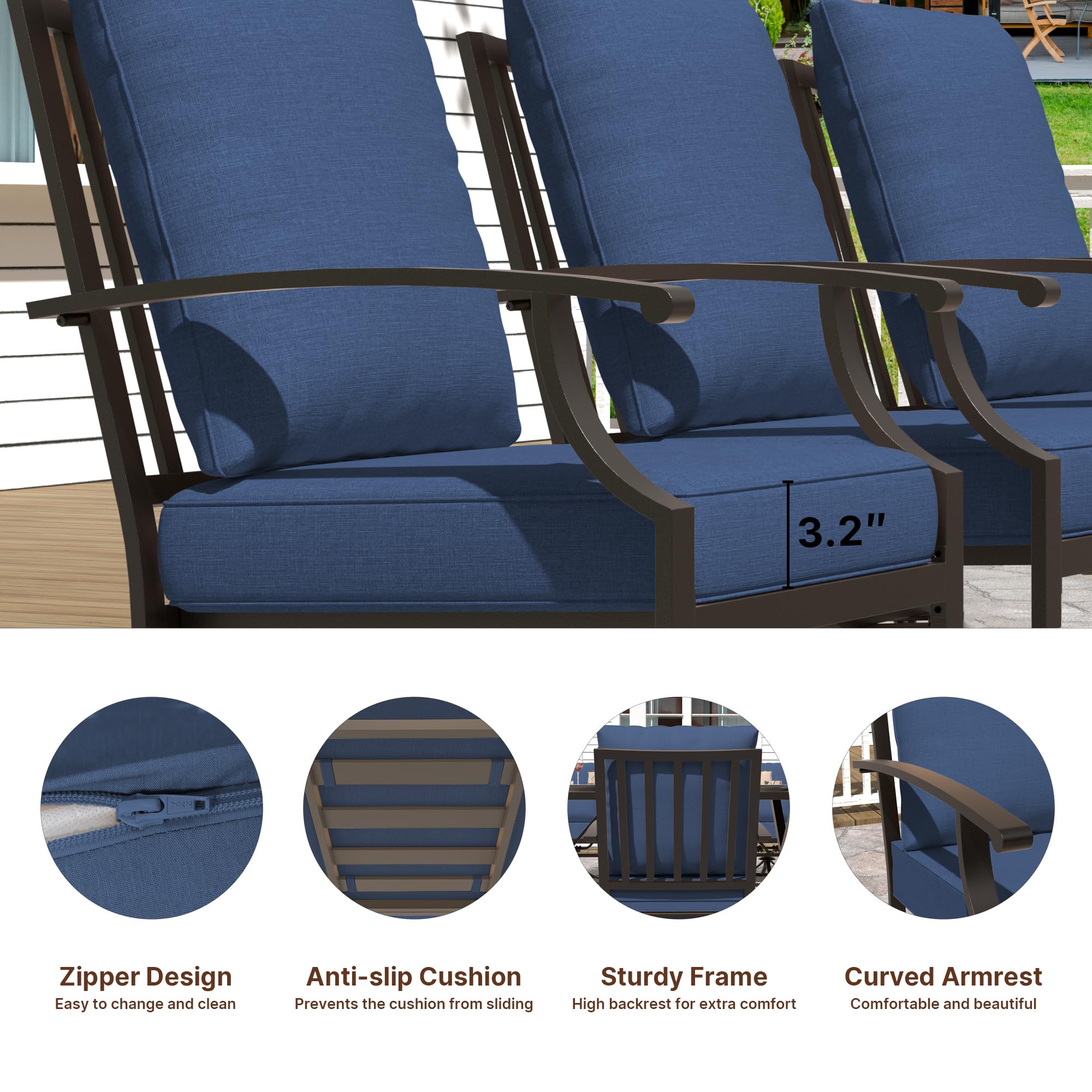 Gotland 7-Piece Outdoor Dining Set for 6 - Rectangular Patio Table with Umbrella Hole & Navy Chairs - Modern Metal Garden Furniture for Backyard, Lawn, Poolside & BBQ Entertaining