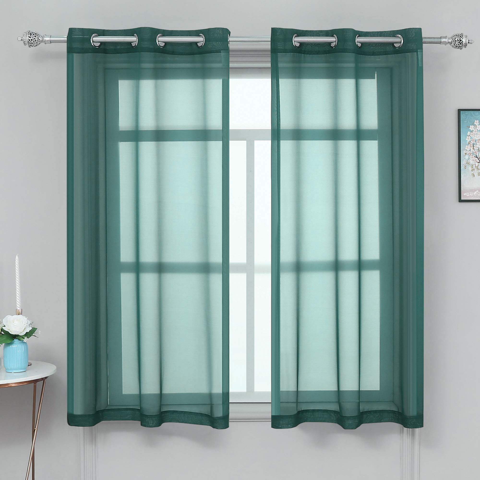 YGO Teal Green Sheer Voile Curtains 54 Inch Length - 2 Panels Grommet Top Light Filtering Drapes for Bathroom & Kitchen Windows (38W x 54L) - Perfect for Small Windows, Privacy & Soft Natural Light