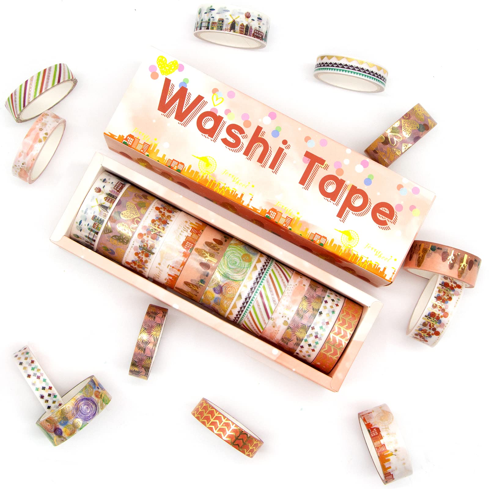 MPOPUUL 12 Rolls Gold Foil Washi Tape Set - Decorative Masking Tape for Bullet Journals, Scrapbooking, DIY Crafts, Gift Wrapping, Planners - Perfect for Home Office, School Projects & Creative Decorations