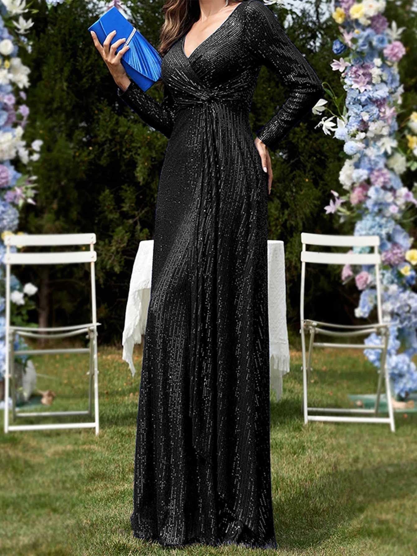 Meilun Women's Long Sleeve Sequin Formal Gown - Sparkly V-Neck Maxi Dress for Evening Parties, Prom, Wedding & Special Occasions