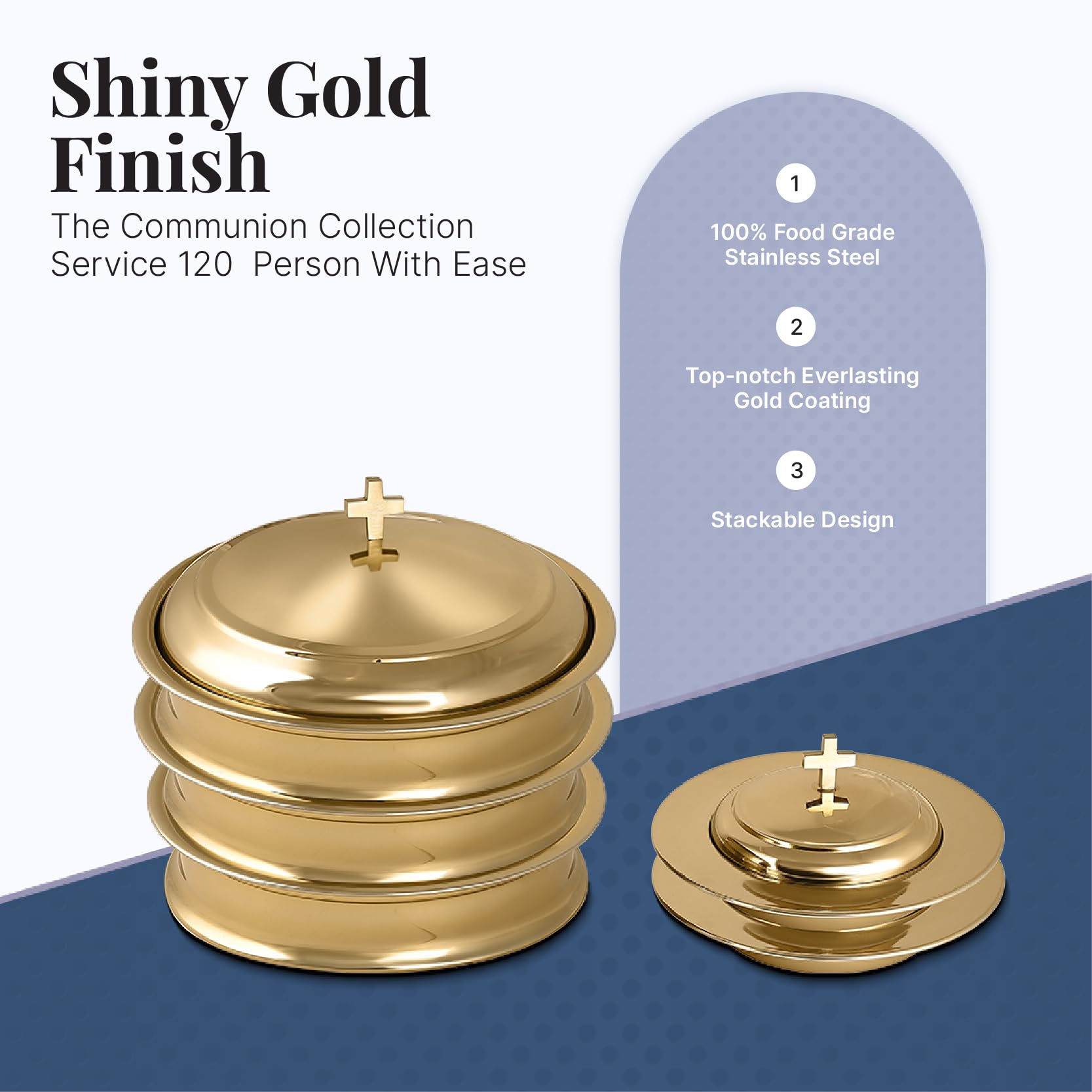Stainless Steel Communion Ware Set - 3 Holy Wine Serving Trays with Lids & 2 Stacking Bread Plates (Brass/Gold Finish) for Church Services, Weddings, and Religious Ceremonies