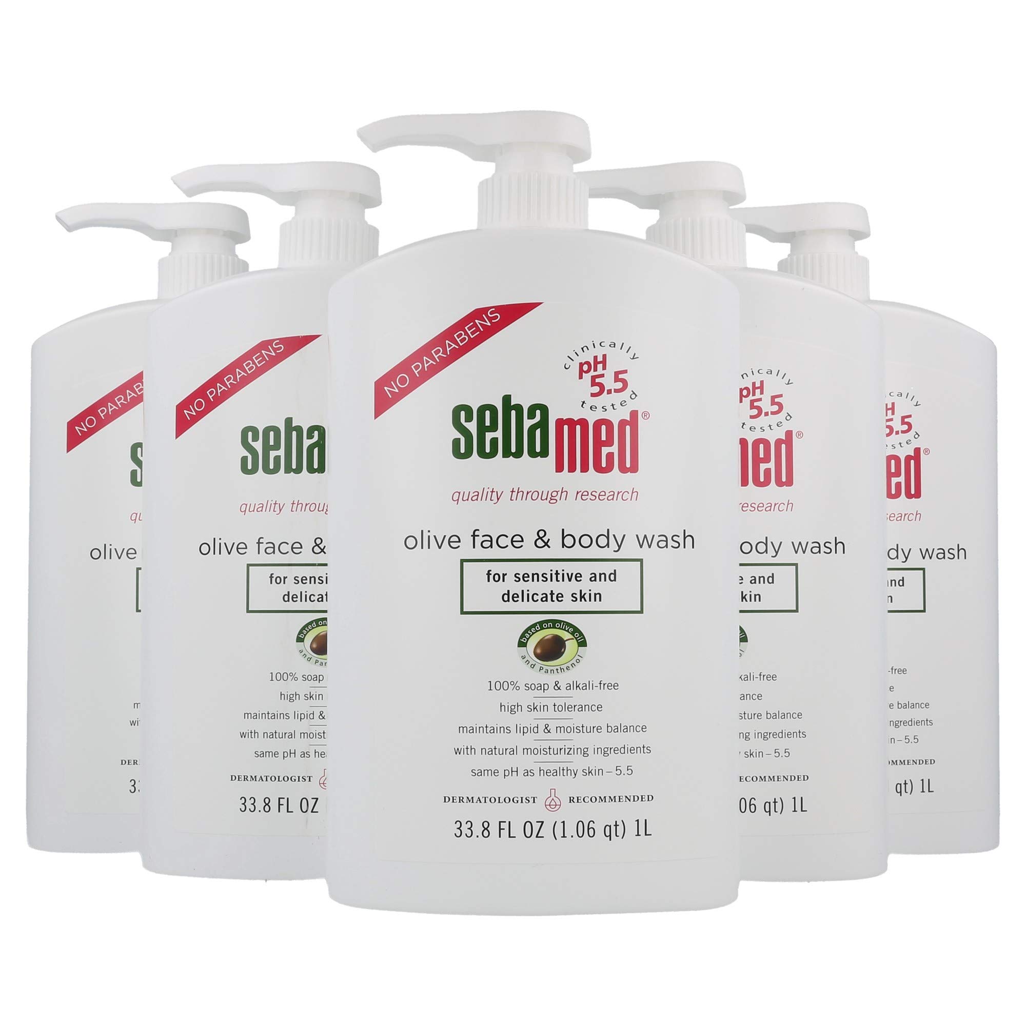 Sebamed Olive Face and Body Wash for Sensitive Skin - pH 5.5 Ultra Mild Cleanser with Pump (33.8 oz/1L, Pack of 5) | Dermatologist Recommended | Gentle Daily Use for Face, Body & Baby Care