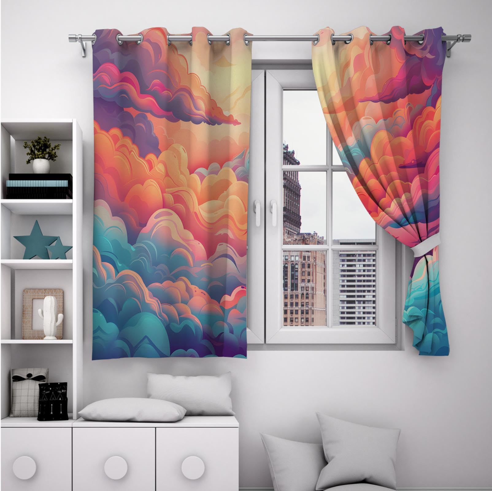 Colorful Blackout Curtains for Nursery & Kids Room - Cartoon Style Abstract Dreamy Clouds Design - 80x84 Inch Room Darkening Window Treatment (2 Panels) - Perfect for Baby's Bedroom, Playroom & Daytime Naps