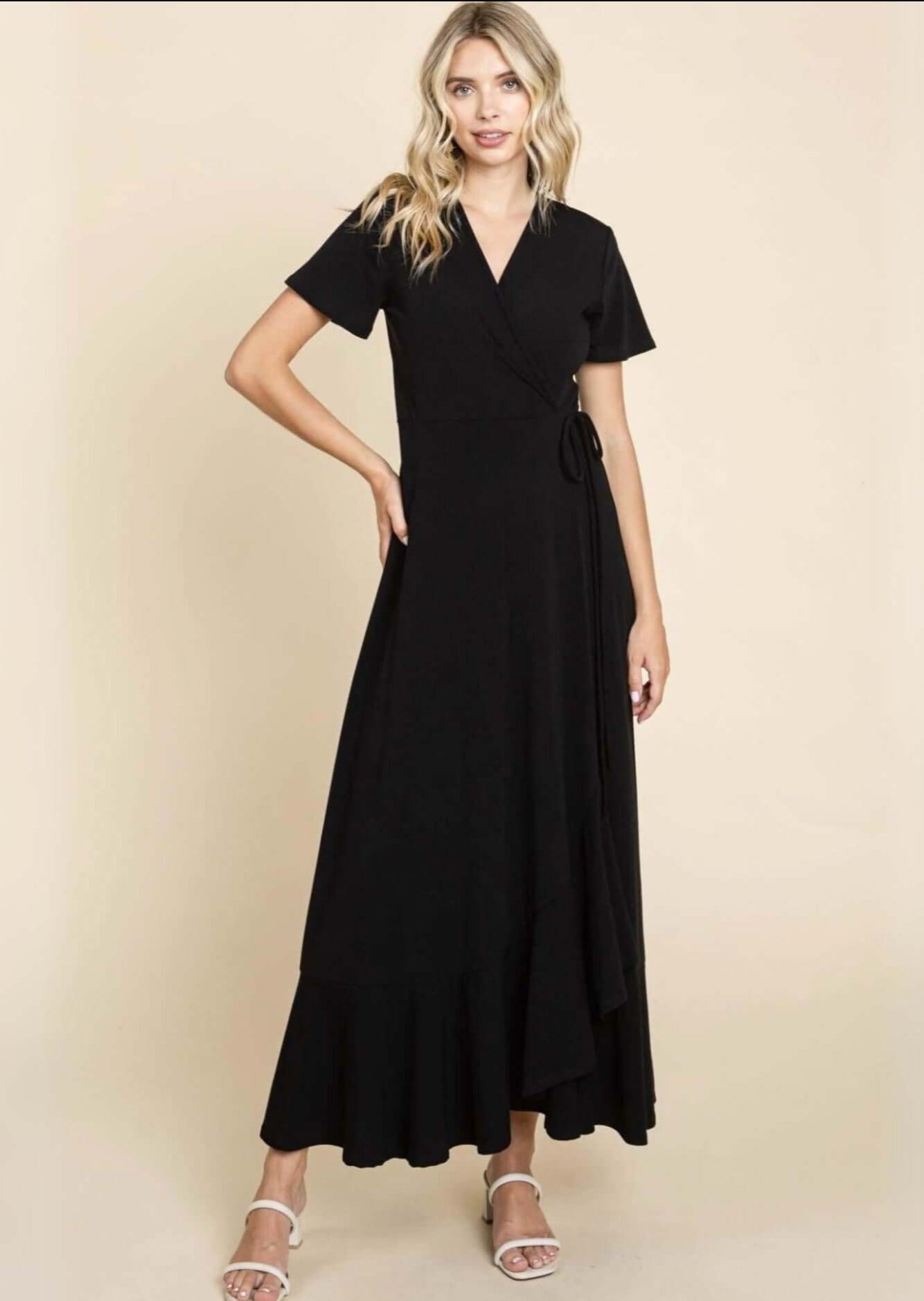 Elegant Black Wrap Style Maxi Dress - Made in USA | Flattering & Comfortable Women's Summer Dress for Beach, Wedding & Casual Wear
