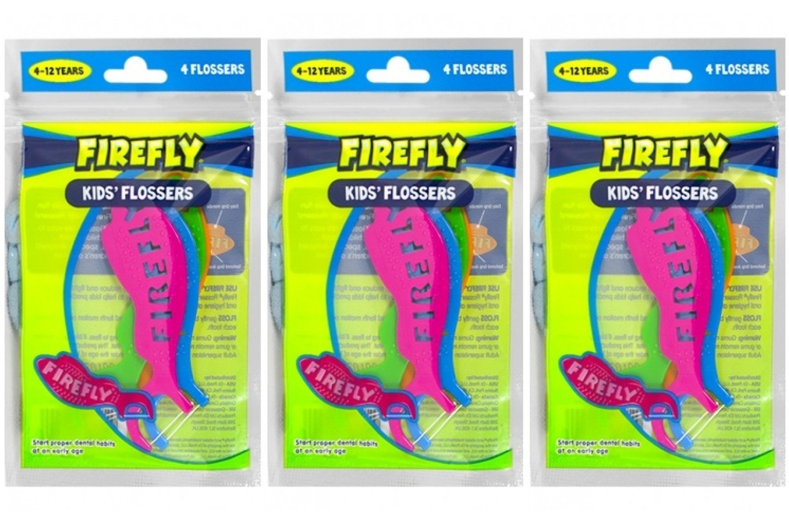 Colorful Firefly Kids Flossers - Travel Size Dental Flossers (4 Count, Pack of 3) | Gentle & Fun Flossing for Children On-The-Go, School, or Home Oral Care