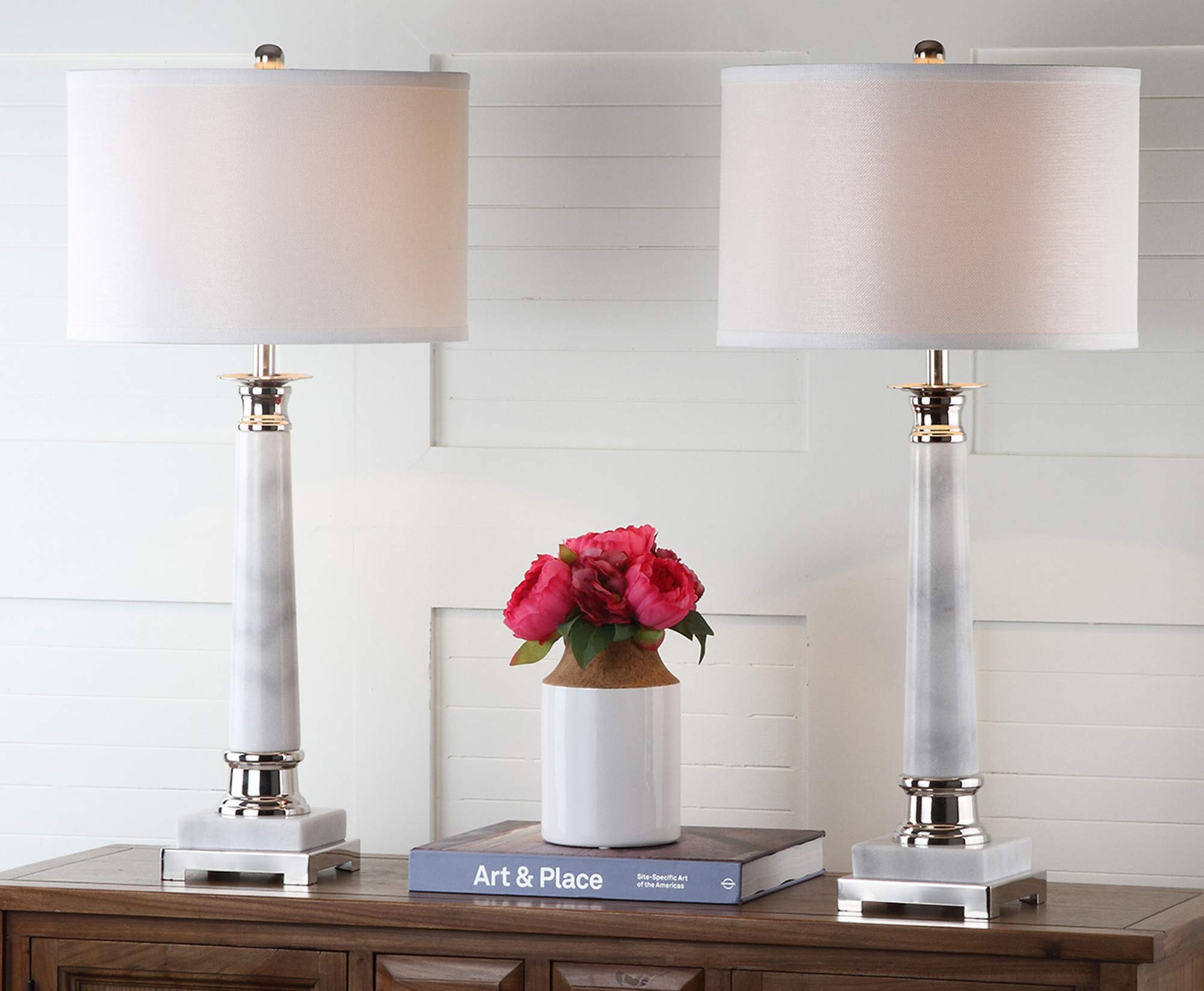 SAFAVIEH Lighting Colleen Modern White Marble 31-inch Table Lamp Set of 2 with LED Bulbs - Perfect for Bedroom, Living Room & Home Office Nightstand Lighting