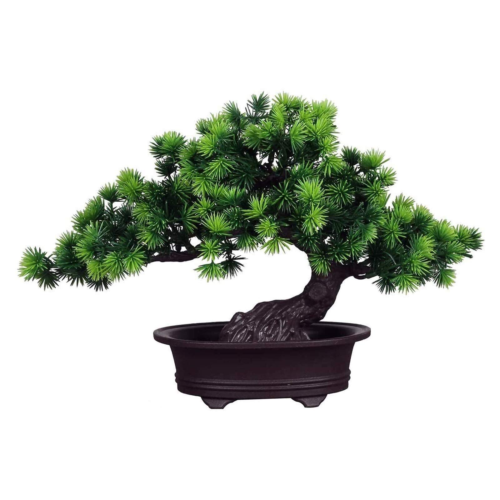 Artificial Bonsai Tree - Mini Fake Pine Plant in Cement Pot for Home & Office Decor, Green | Perfect for Desk, Shelf, and Tabletop Decoration